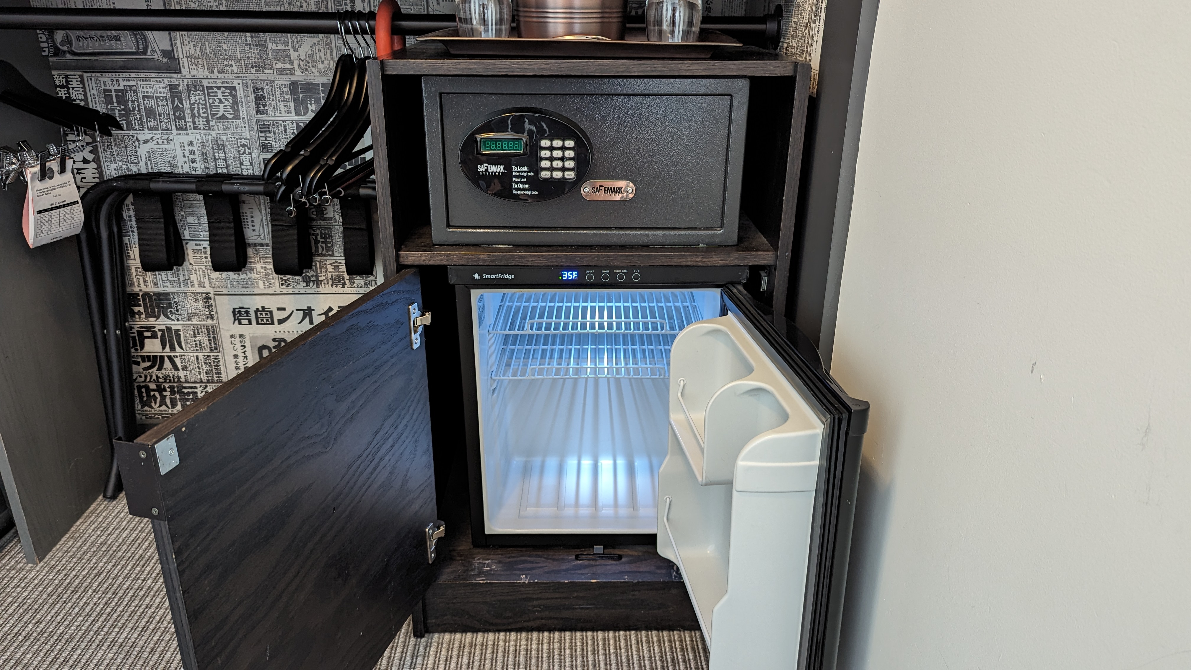 Hotel Kabuki San Francisco guest room refrigerator safe and luggage rack Hotel Kabuki San Francisco guest room refrigerator safe and luggage rack