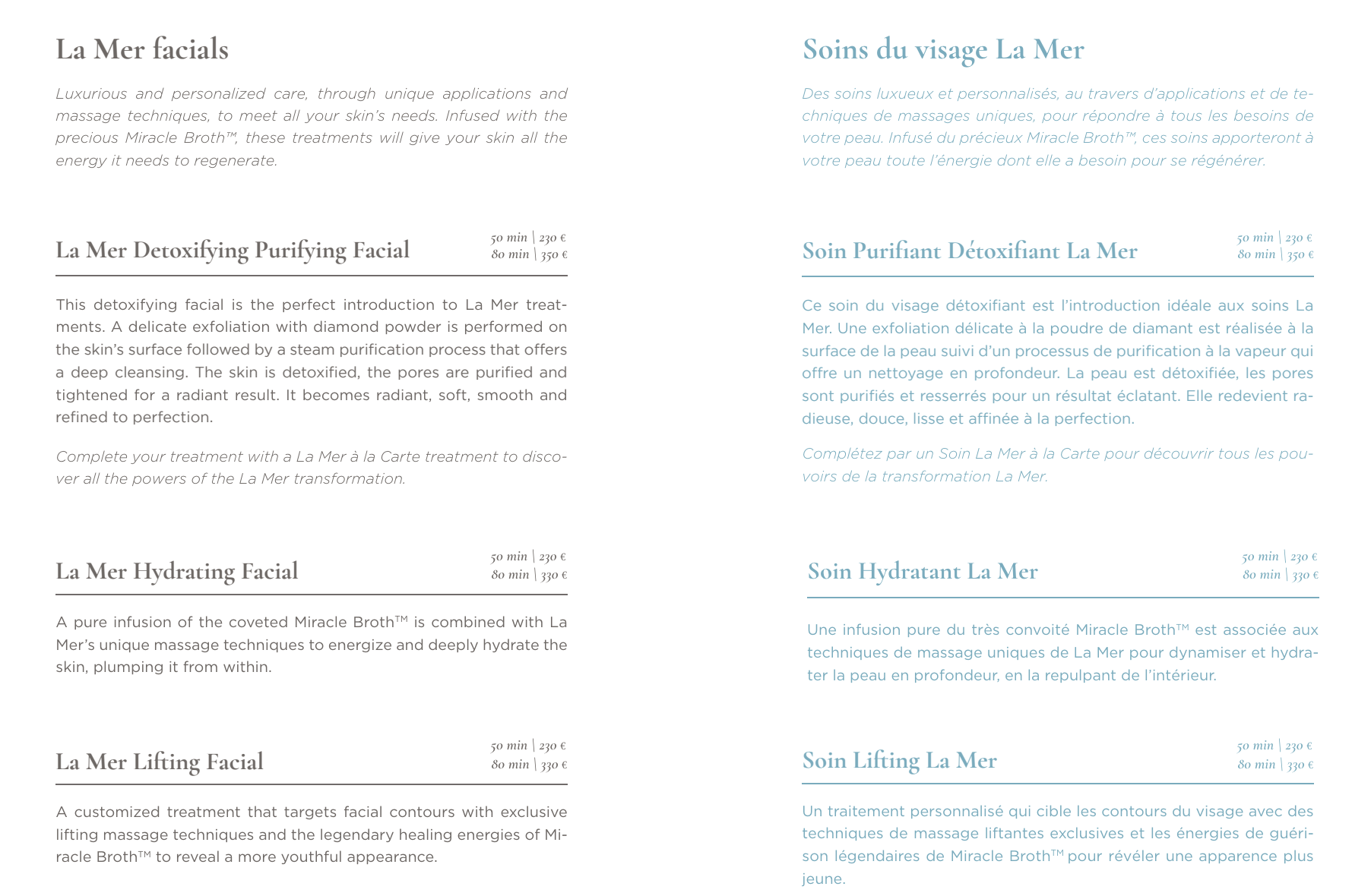Le Mer Spa Menu