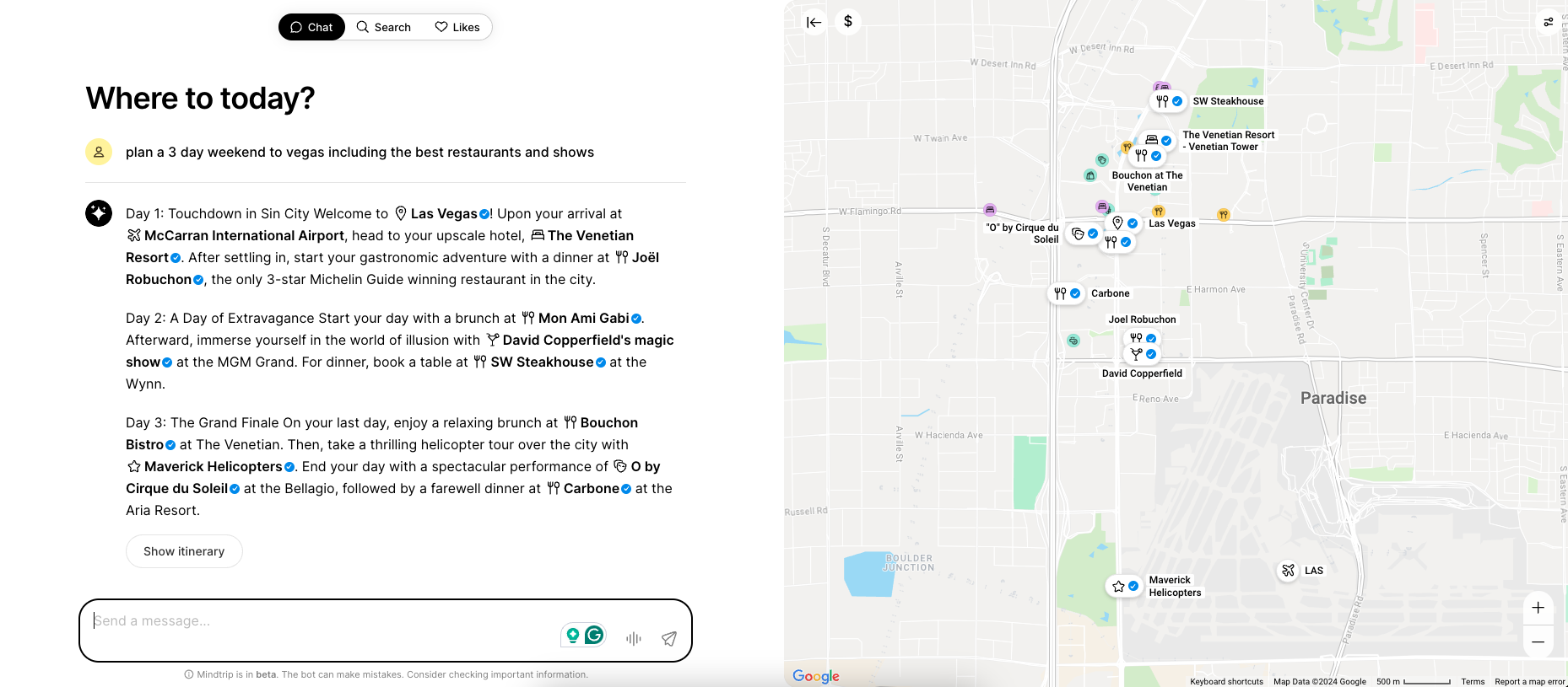 Mindtrip example itinerary for Las Vegas