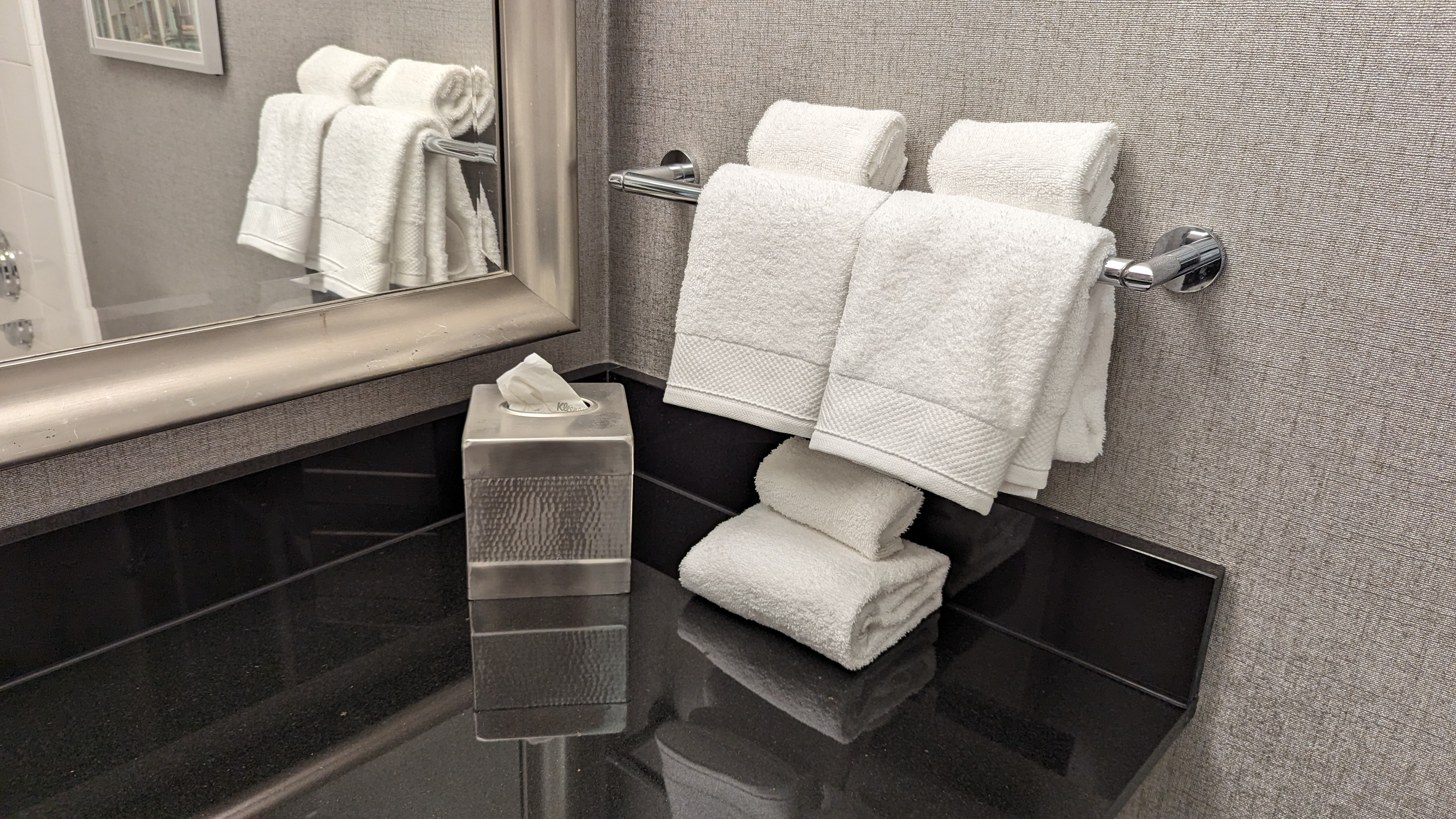San Francisco Hilton Financial District guestroom bathroom counter towels San Francisco Hilton Financial District guestroom bathroom counter towels
