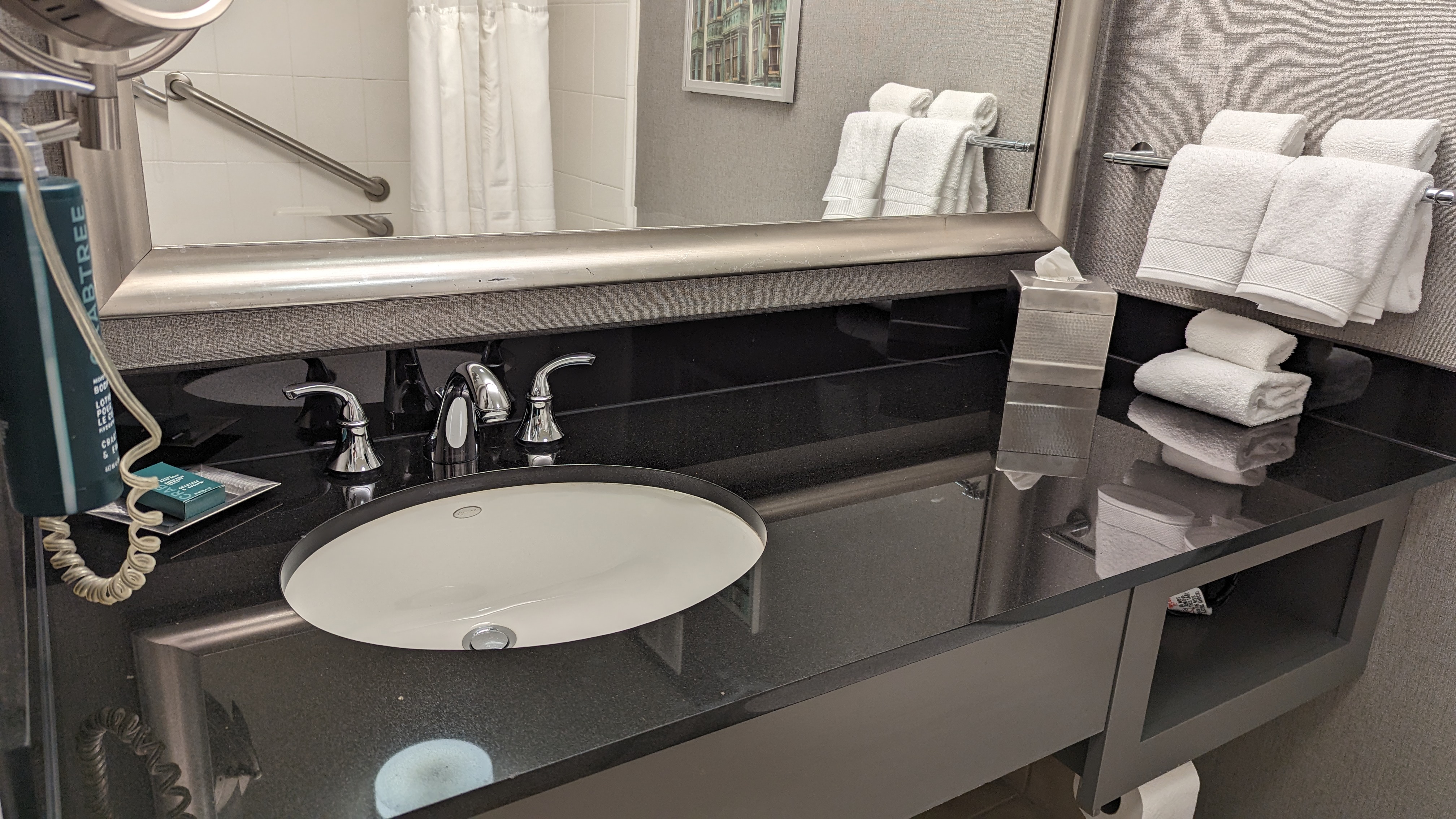 San Francisco Hilton Financial District guestroom bathroom counter San Francisco Hilton Financial District guestroom bathroom counter