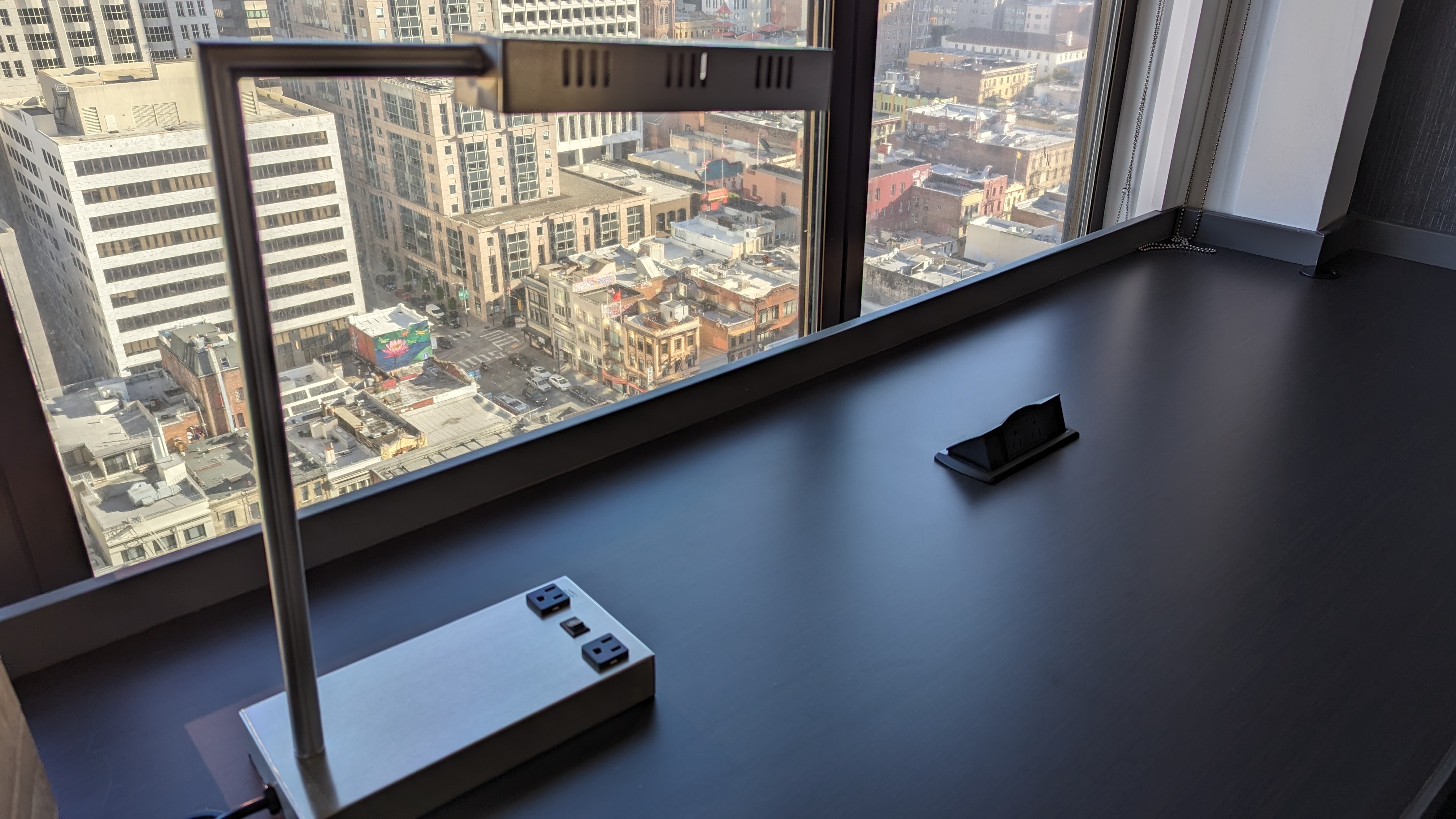 San Francisco Hilton Financial District guestroom desk and lamp with outlet San Francisco Hilton Financial District guestroom desk and lamp with outlet