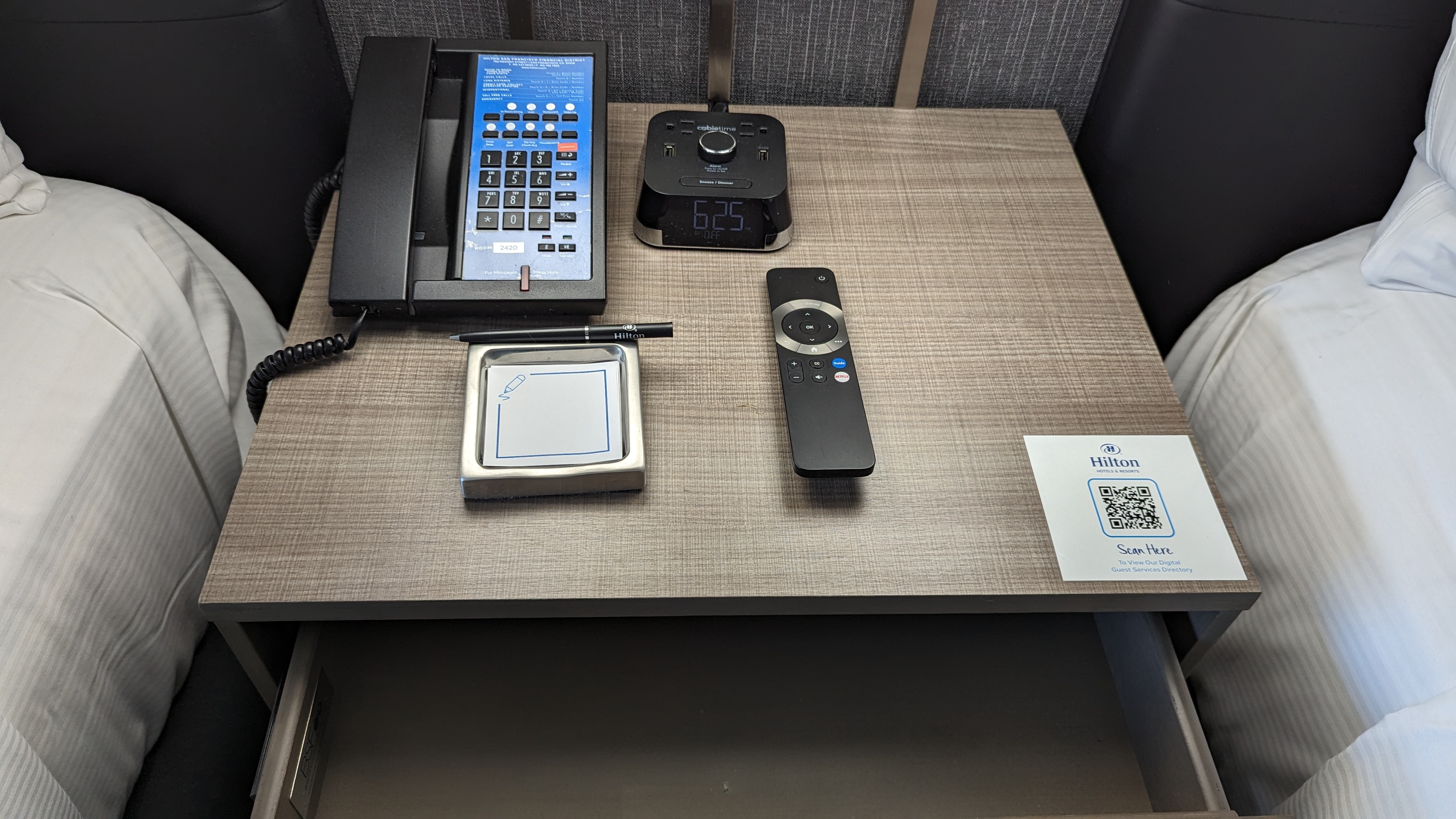 San Francisco Hilton Financial District guestroom nightstand drawer San Francisco Hilton Financial District guestroom nightstand drawer