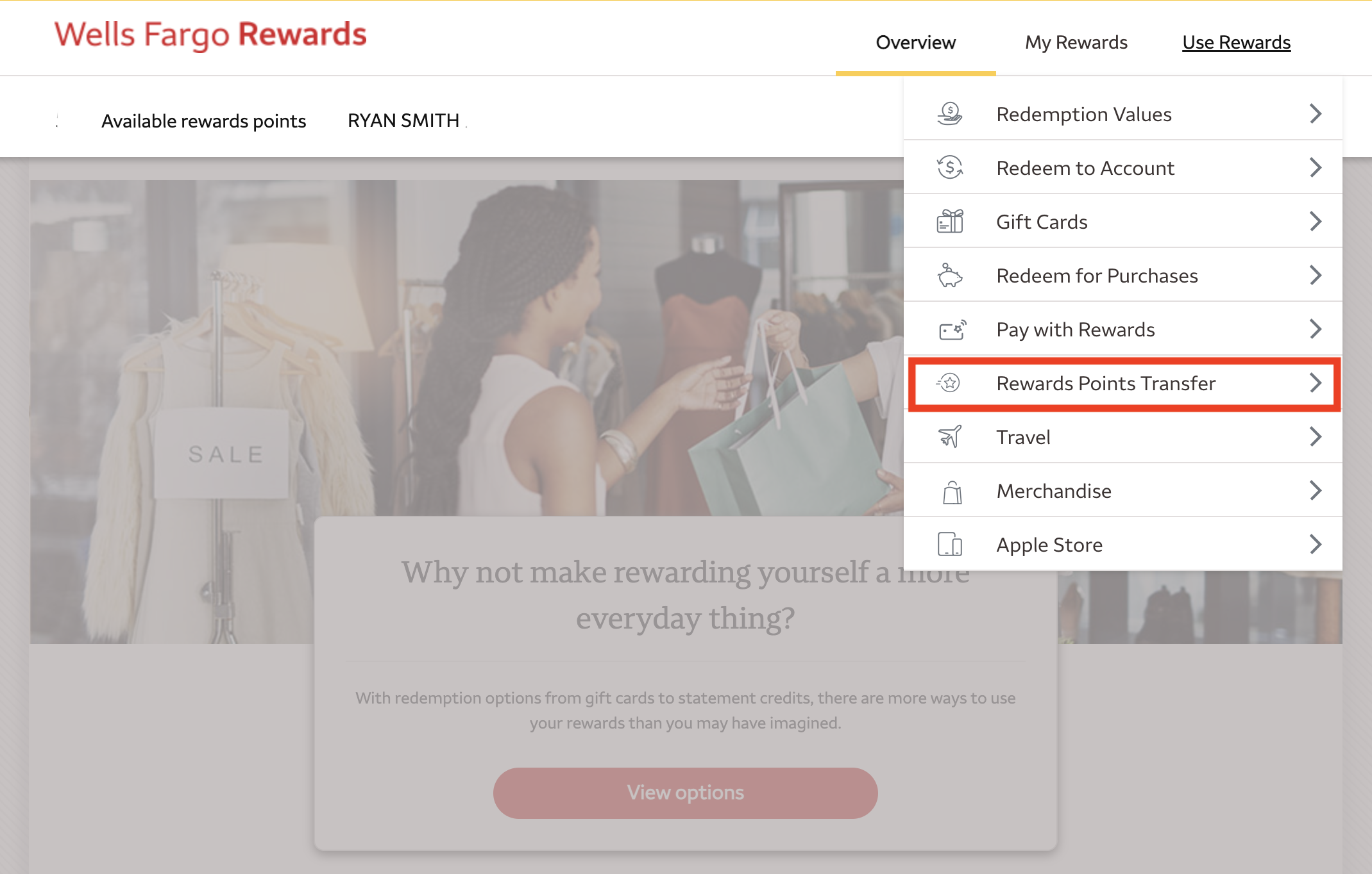 Wells Fargo Go Far Rewards redemption options with points transfer highlighted Wells Fargo Go Far Rewards redemption options with points transfer highlighted