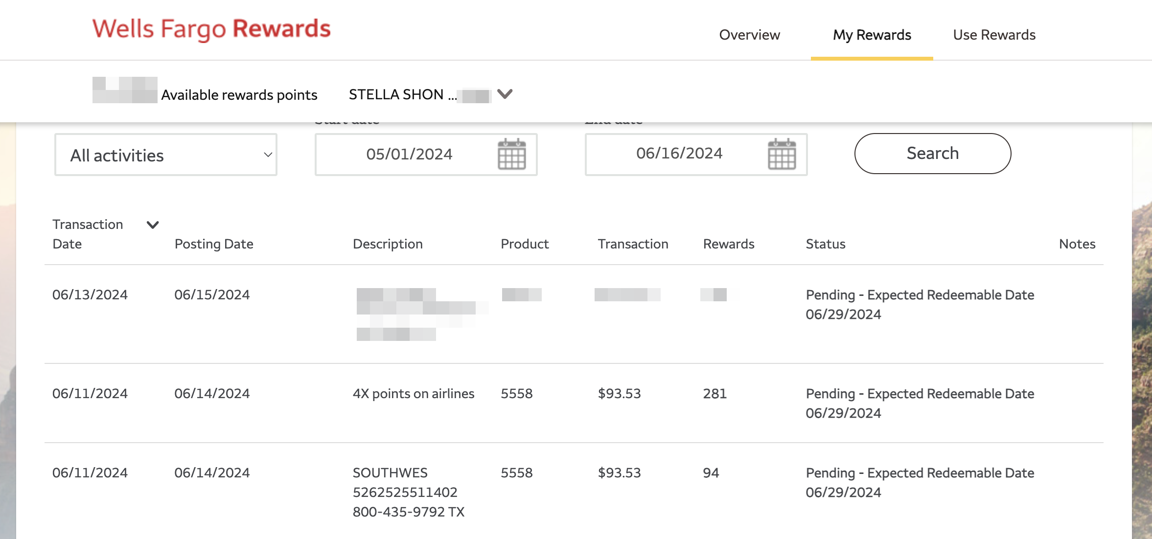 Wells Fargo Rewards Activity Wells Fargo Rewards Activity