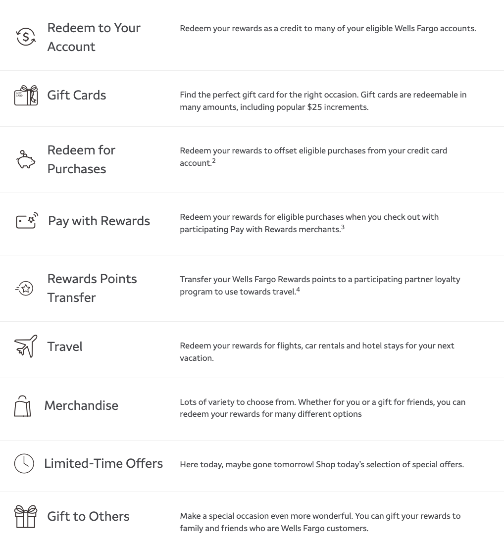 Wells Fargo redemption options Wells Fargo redemption options