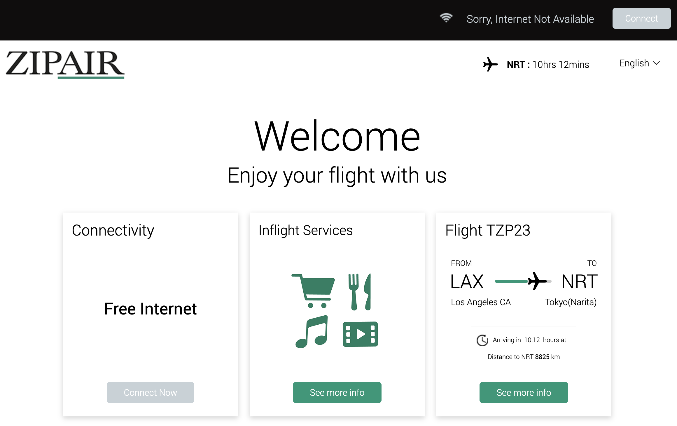 Zipair LAX NRT inflight entertainment home page Zipair LAX NRT inflight entertainment home page