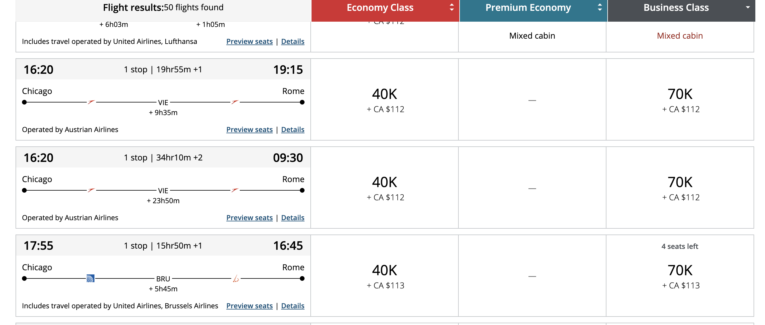 Award Seats Brussels Award Seats Chicago to Rome using Aeroplan points