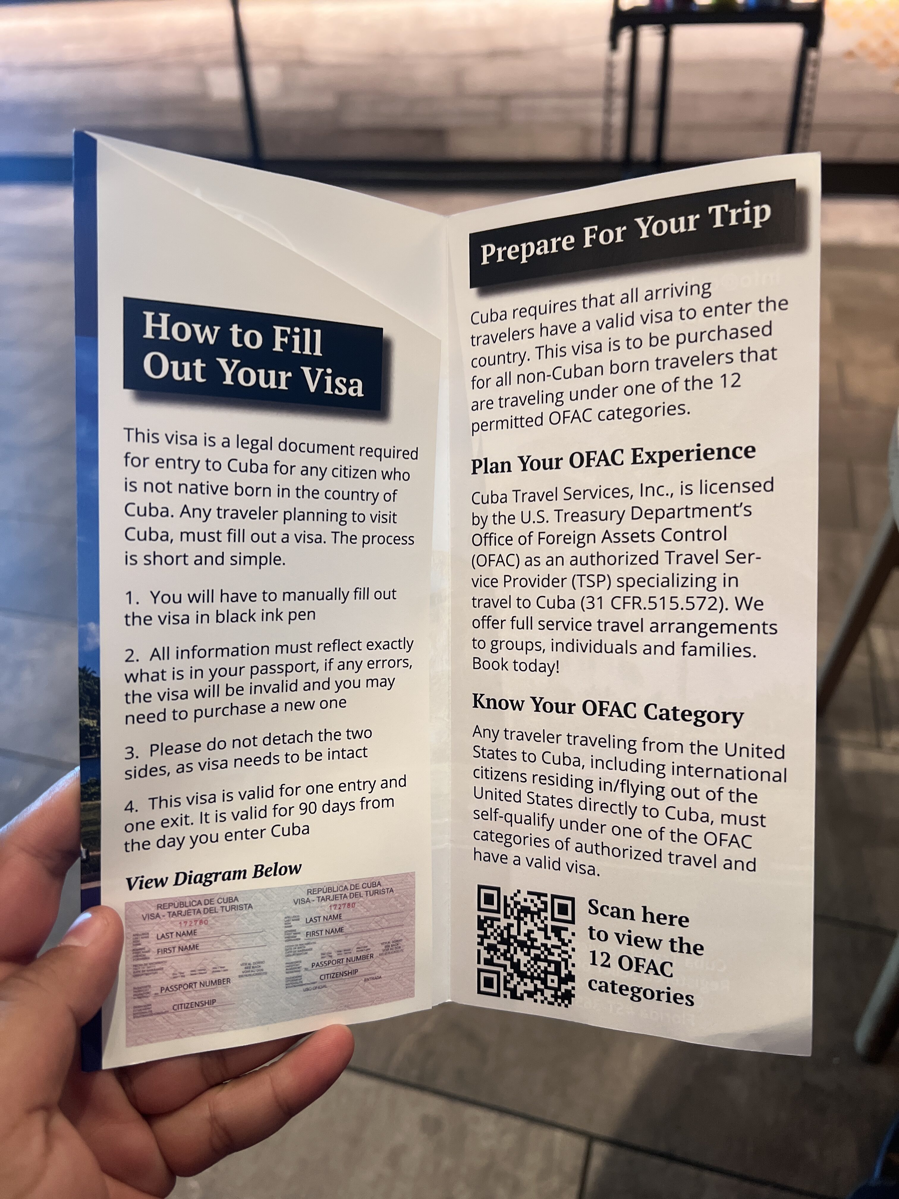 Cuba tourist visa card pamphlet