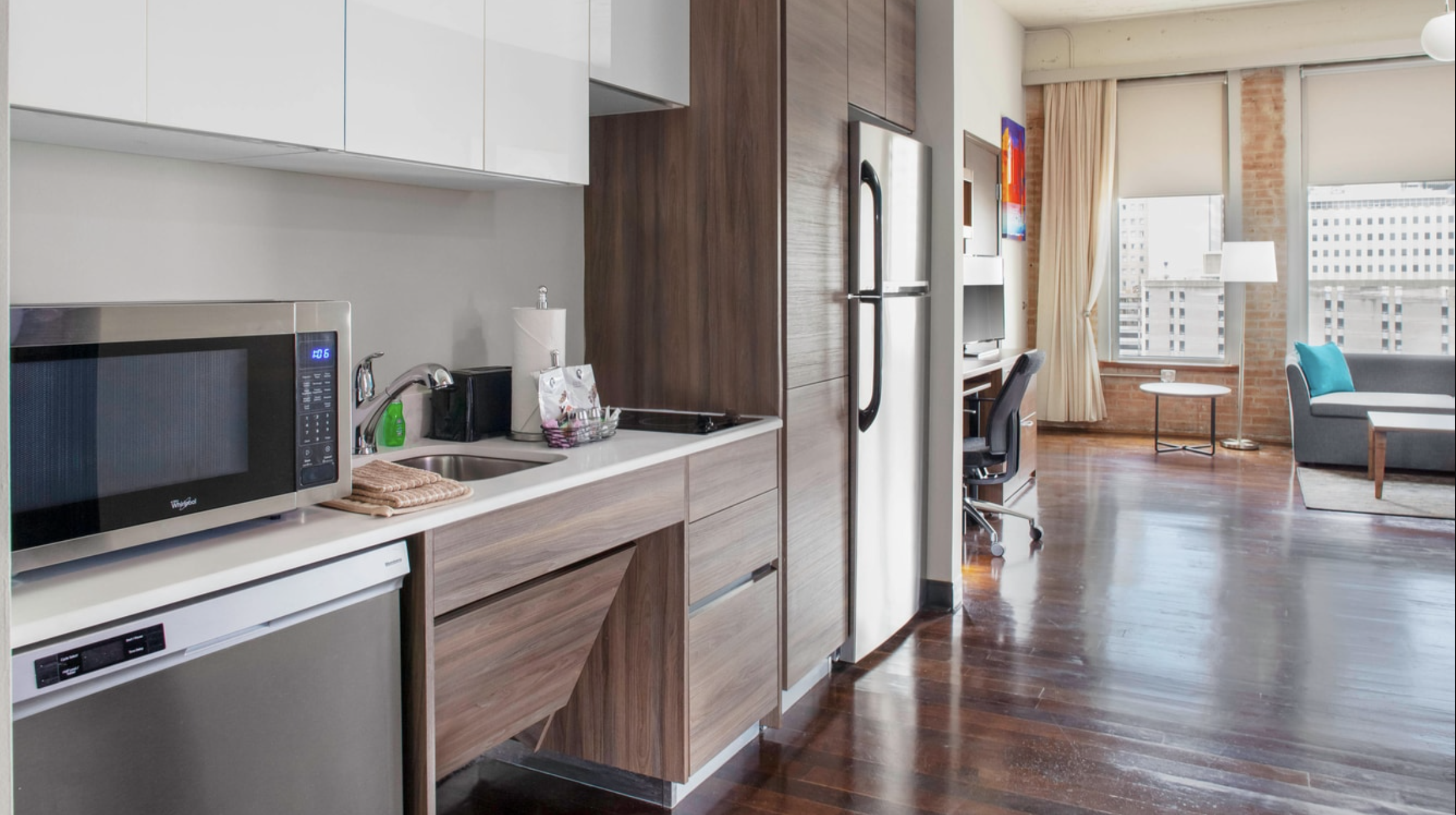Guestroom kitchen at the TownePlace Suites Dallas Downtown Guestroom kitchen at the TownePlace Suites Dallas Downtown