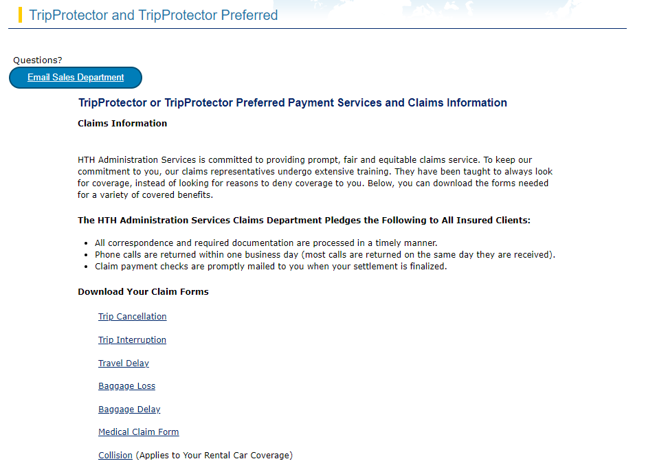 HTH Travel Insurance TripProtector payment services and claims information HTH Travel Insurance TripProtector payment services and claims information