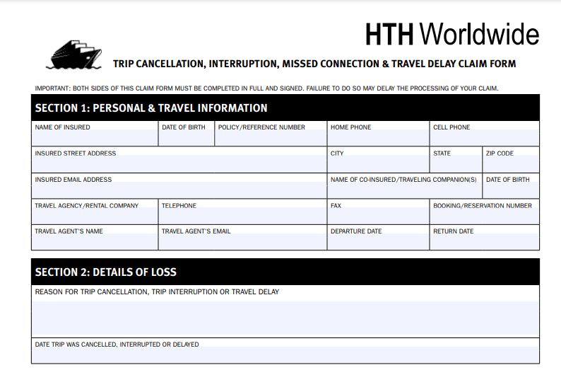 HTH Travel Insurance claim form HTH Travel Insurance claim form
