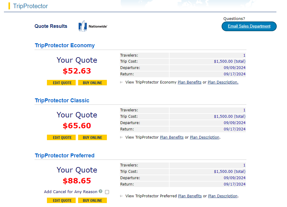 HTH Travel Insurance quote results HTH Travel Insurance quote results