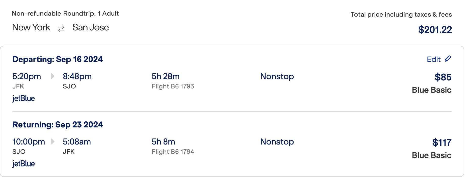 New York to San Jose JetBlue New York to San Jose JetBlue