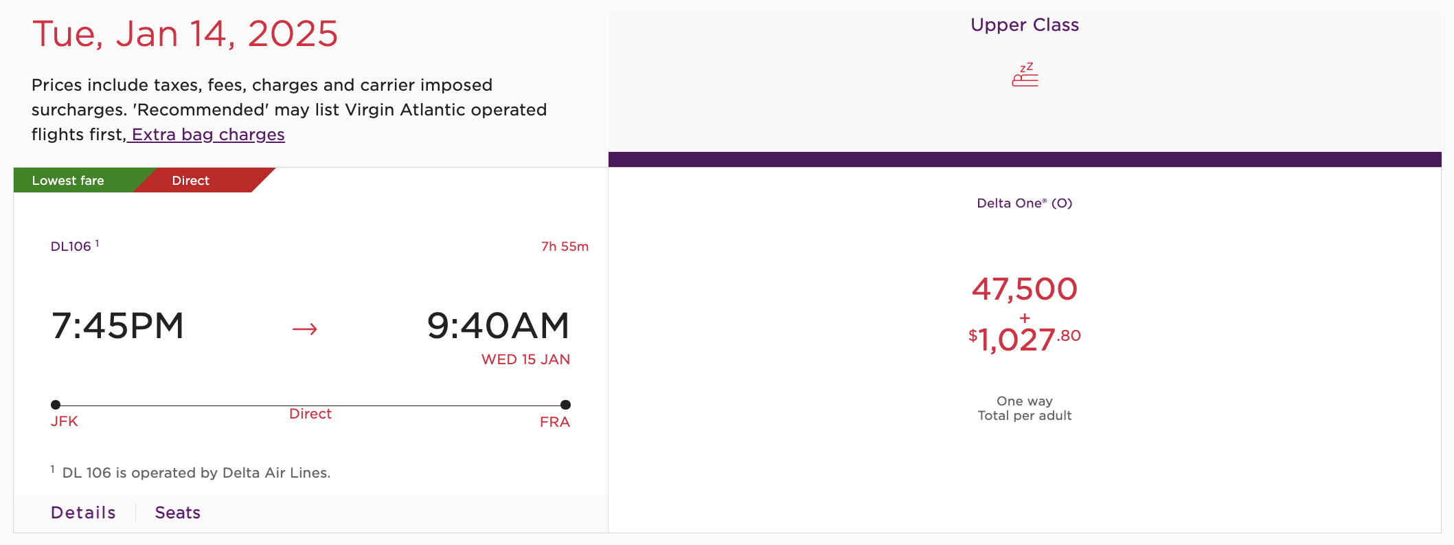 Virgin Atlantic Delta One redemption JFK FRA Virgin Atlantic Delta One redemption JFK FRA