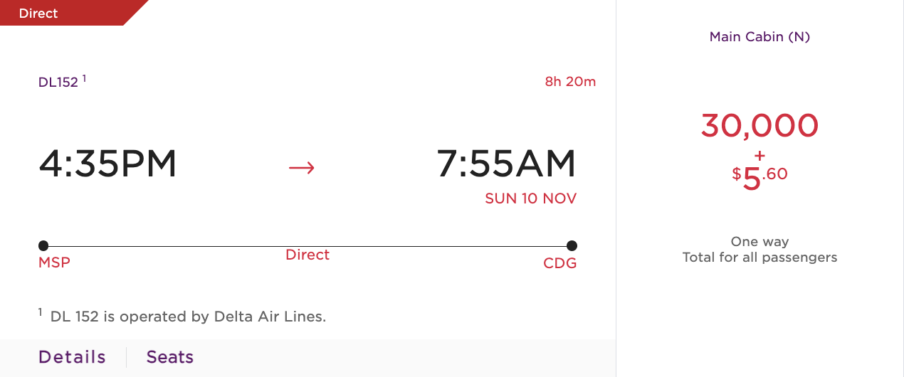 Virgin Atlantic Delta economy redeption MSP CDG Virgin Atlantic Delta economy redeption MSP CDG