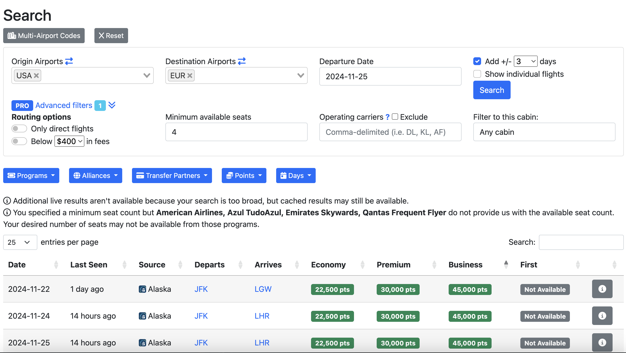 seats.aero search seats.aero search page