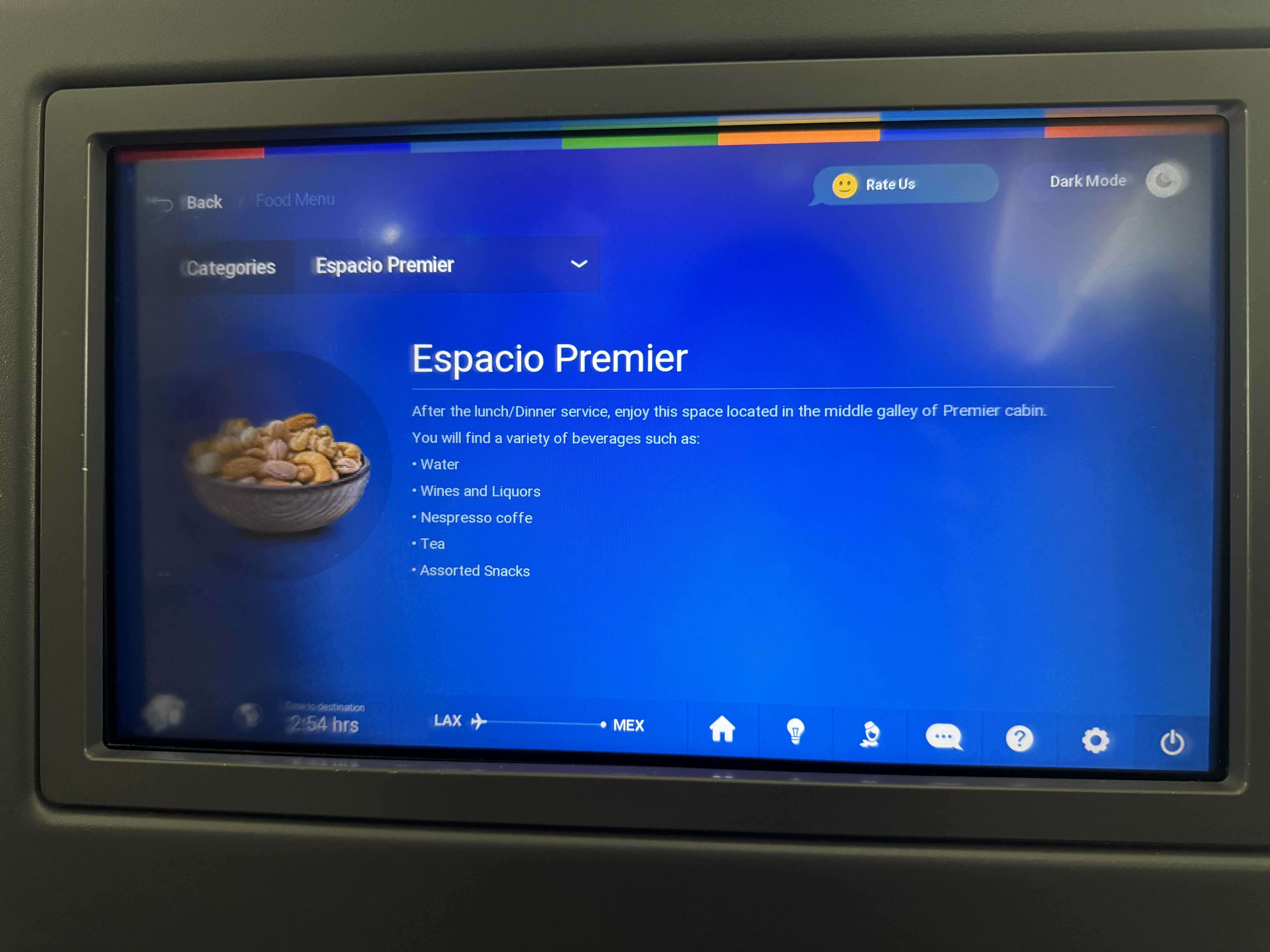 Aeromexico B787 8 LAX MEX snacks info