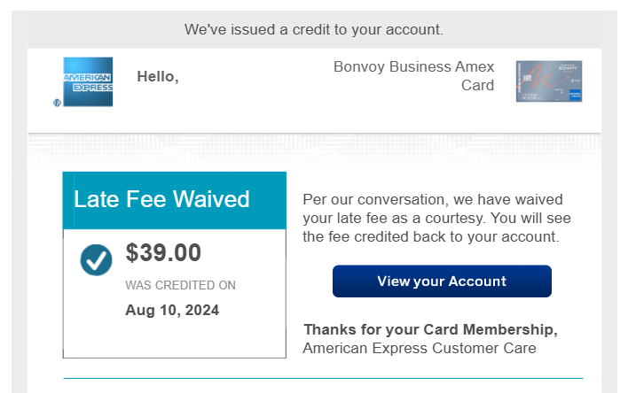 Bonvoy Business card late fee waived email Bonvoy Business card late fee waived email