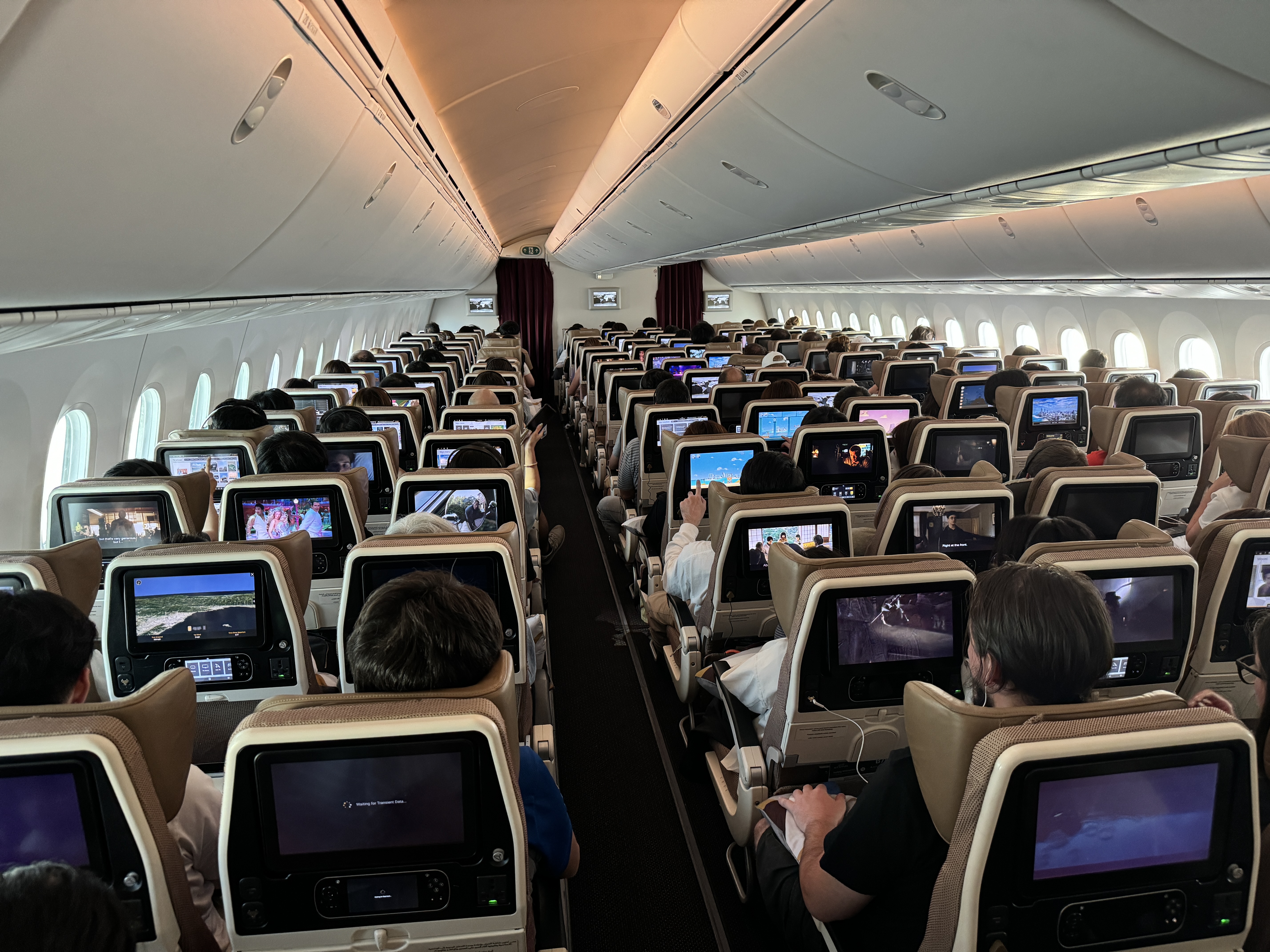 Etihad Airways Economy Class Etihad B787 9 Economy KIX AUH cabin from rear