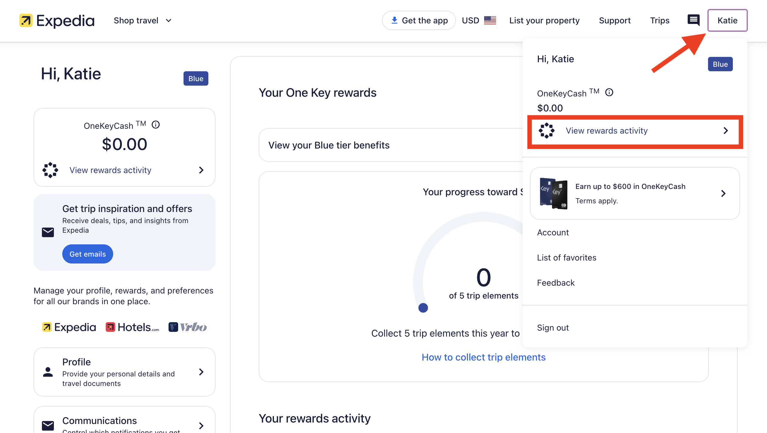 How to view One Key Rewards activity Expedia One Key Rewards account