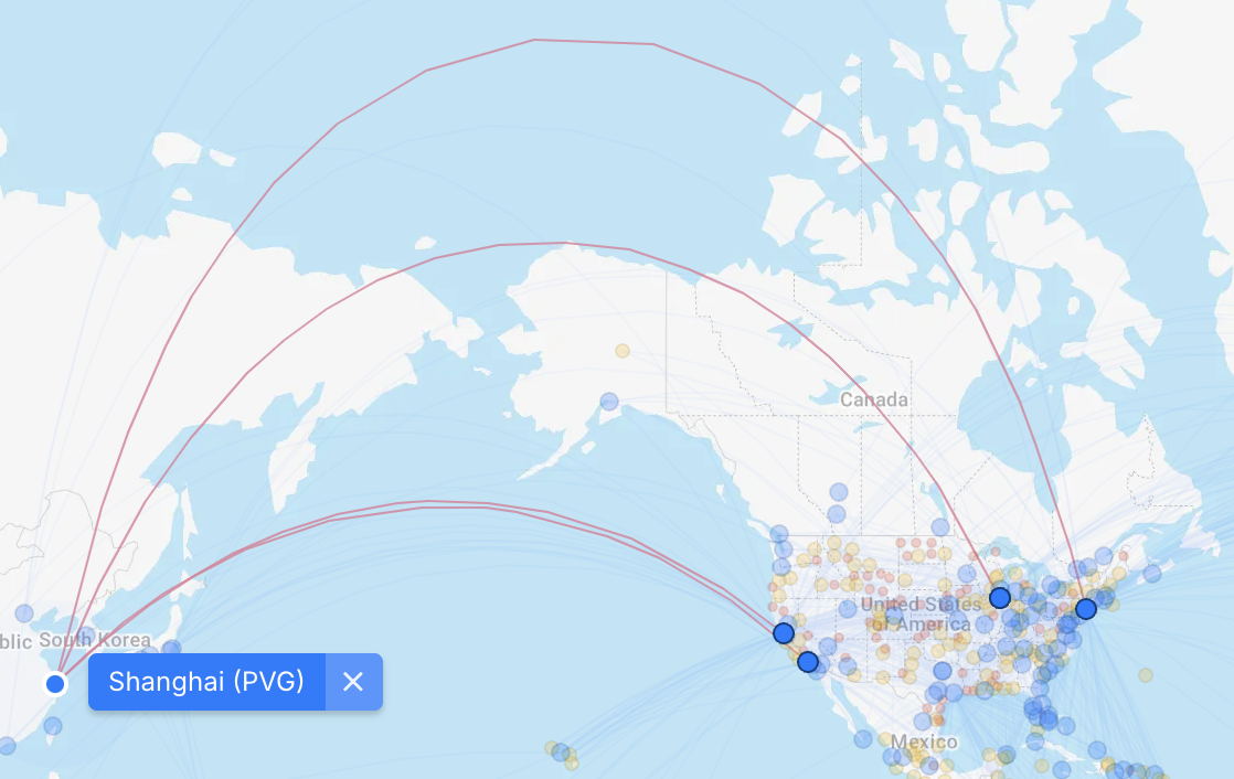 Flying to Shanghai with United United flight routes map from Shanghai to U.S.