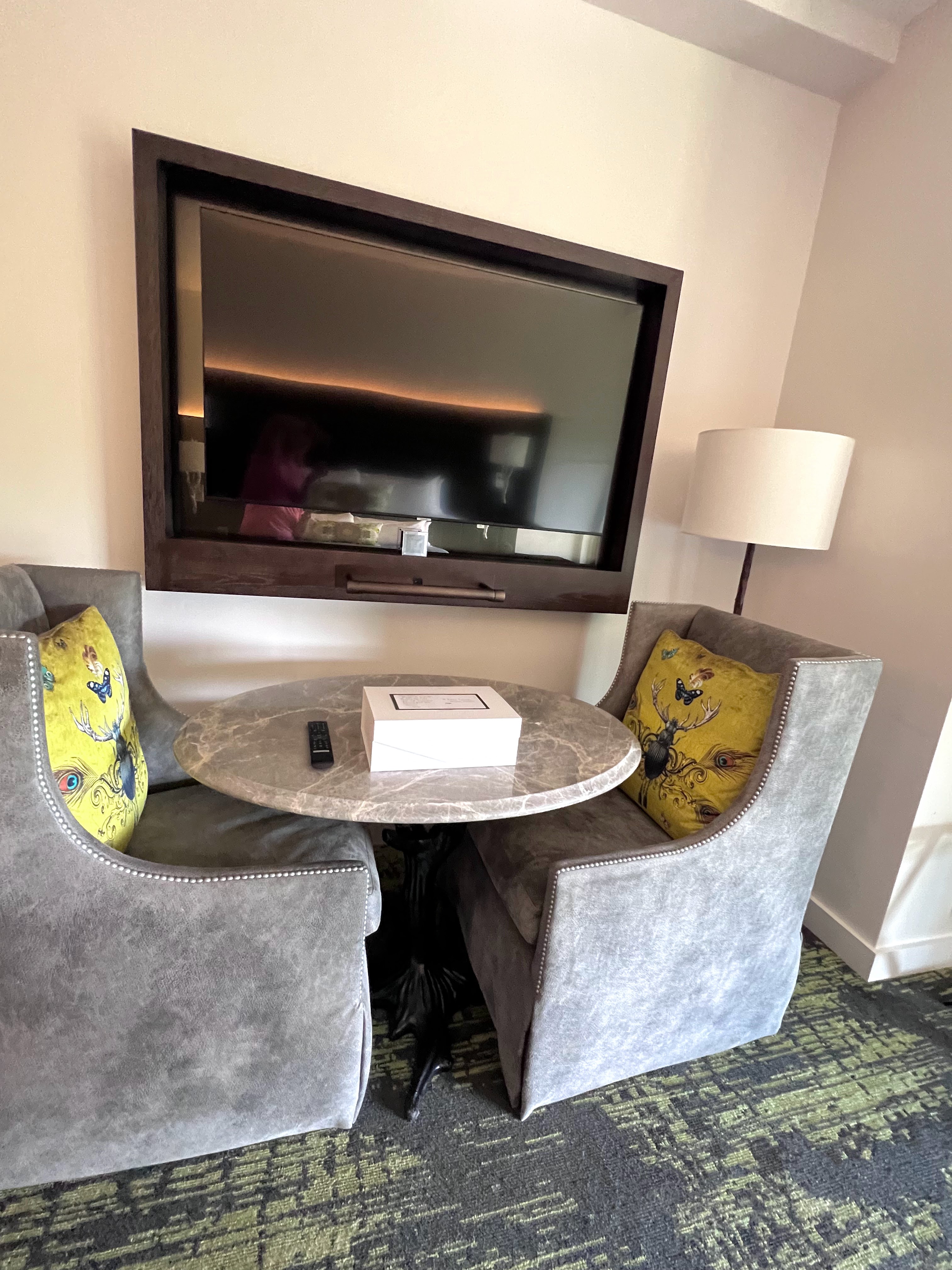 Grand Bohemian Greenville guest room chairs and tv Grand Bohemian Greenville guest room chairs and tv