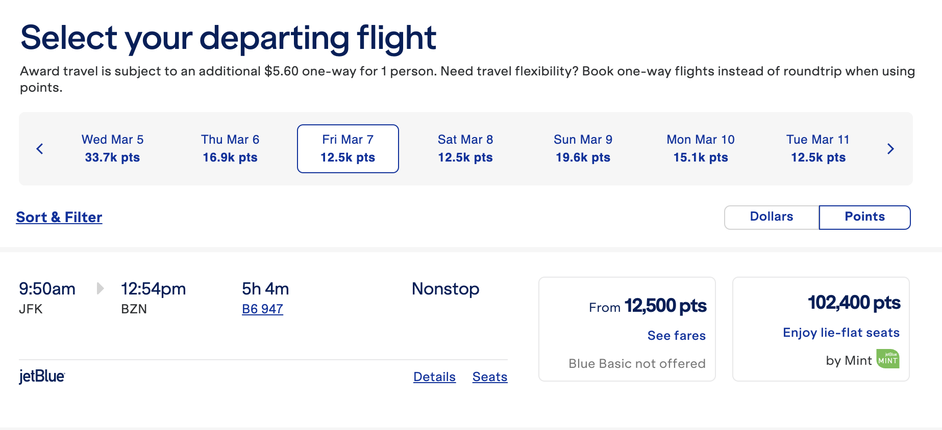 JFK to BZN JetBlue points rates