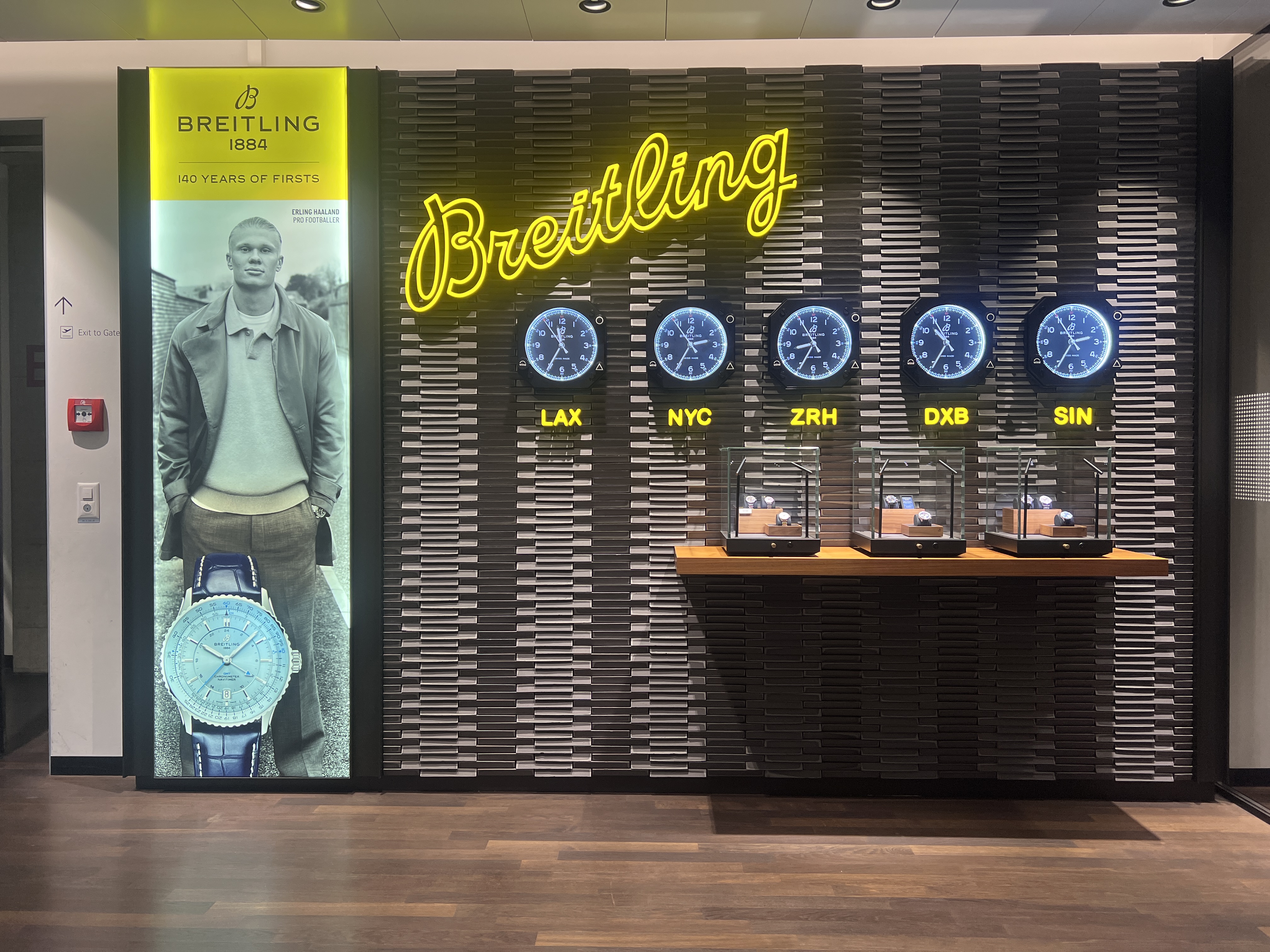 Swiss Business Class Lounge Zurich Breitling clock display Swiss Business Class Lounge Zurich Breitling clock display