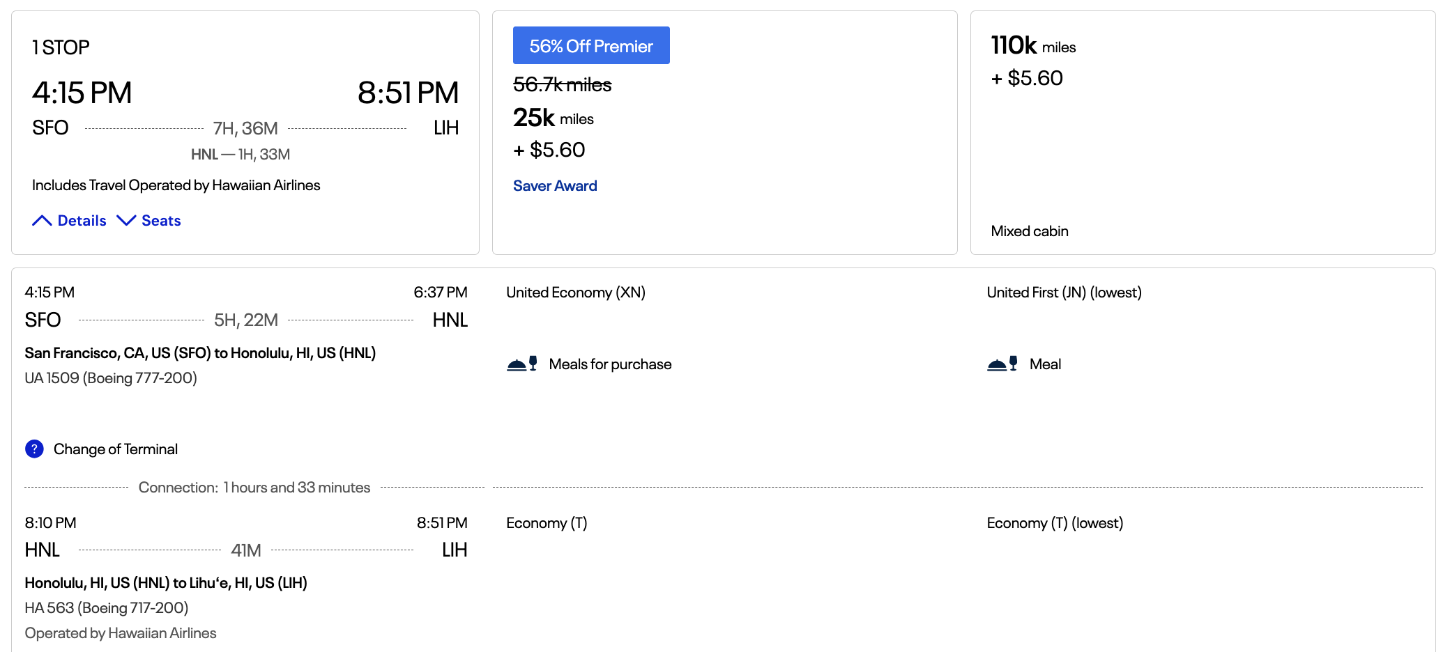 United award SFO HNL LIH including HA flight United award SFO HNL LIH including HA flight
