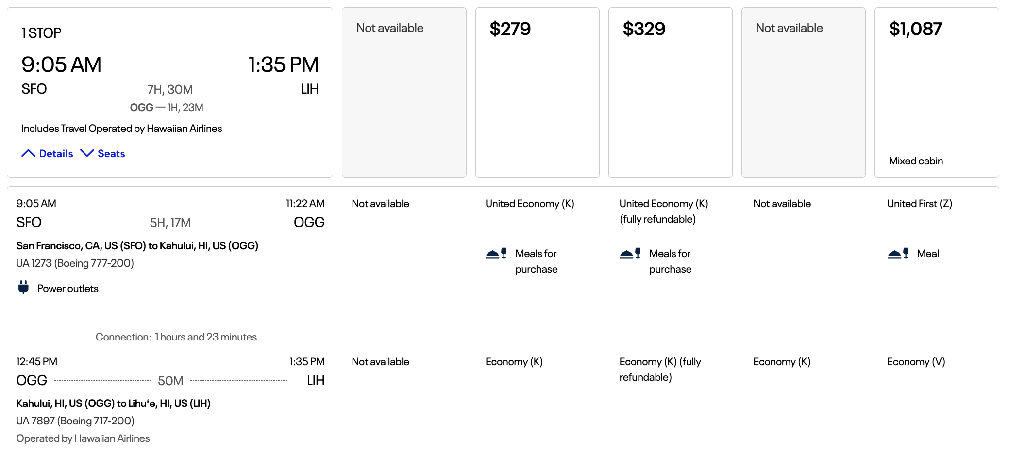 United cash fare SFO HNL LIH including HA flight United cash fare SFO HNL LIH including HA flight