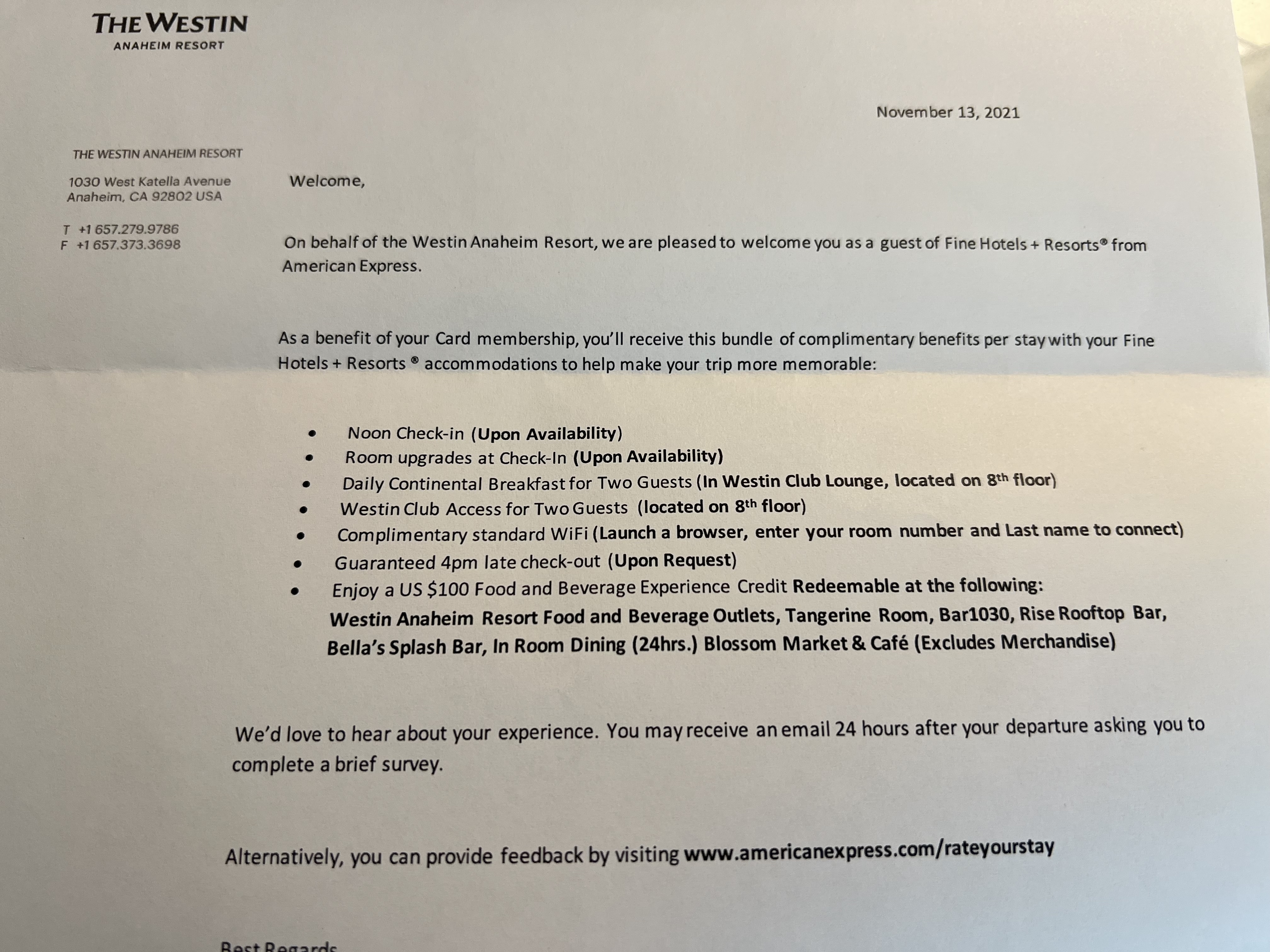 Westin Anaheim Fine Hotels and Resorts Letter