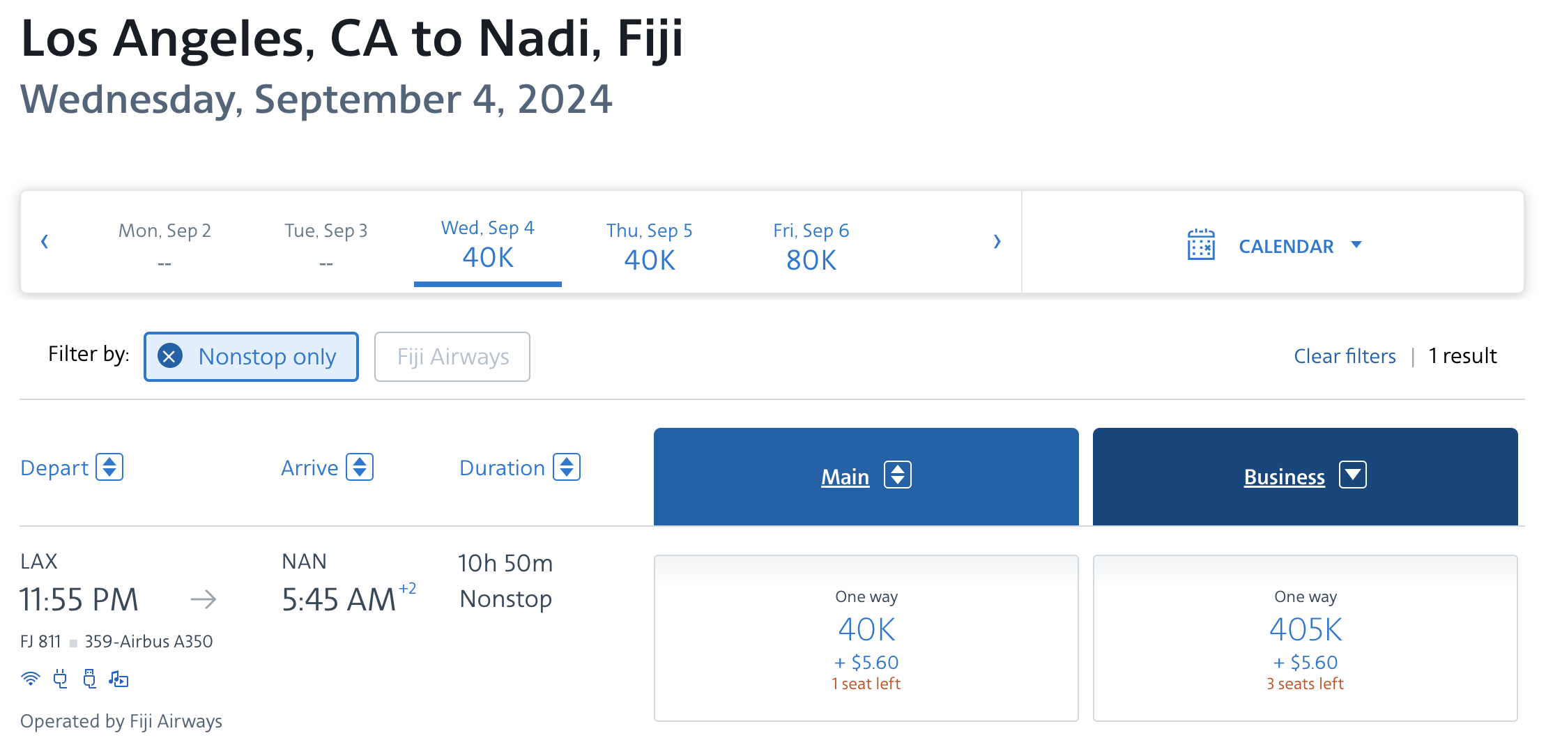 AA award LAX NAN 405k business class Sep 4 2024