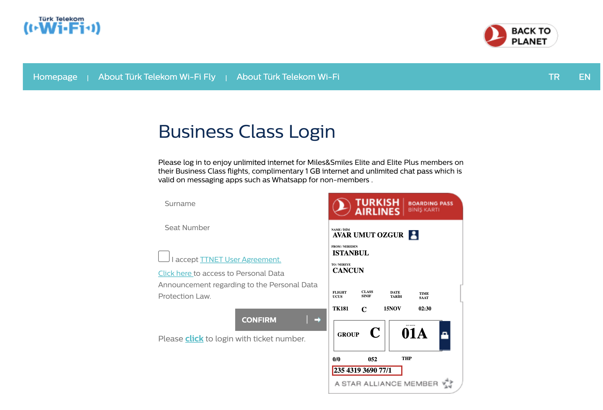 Business class free wi fi on Turkish Airlines
