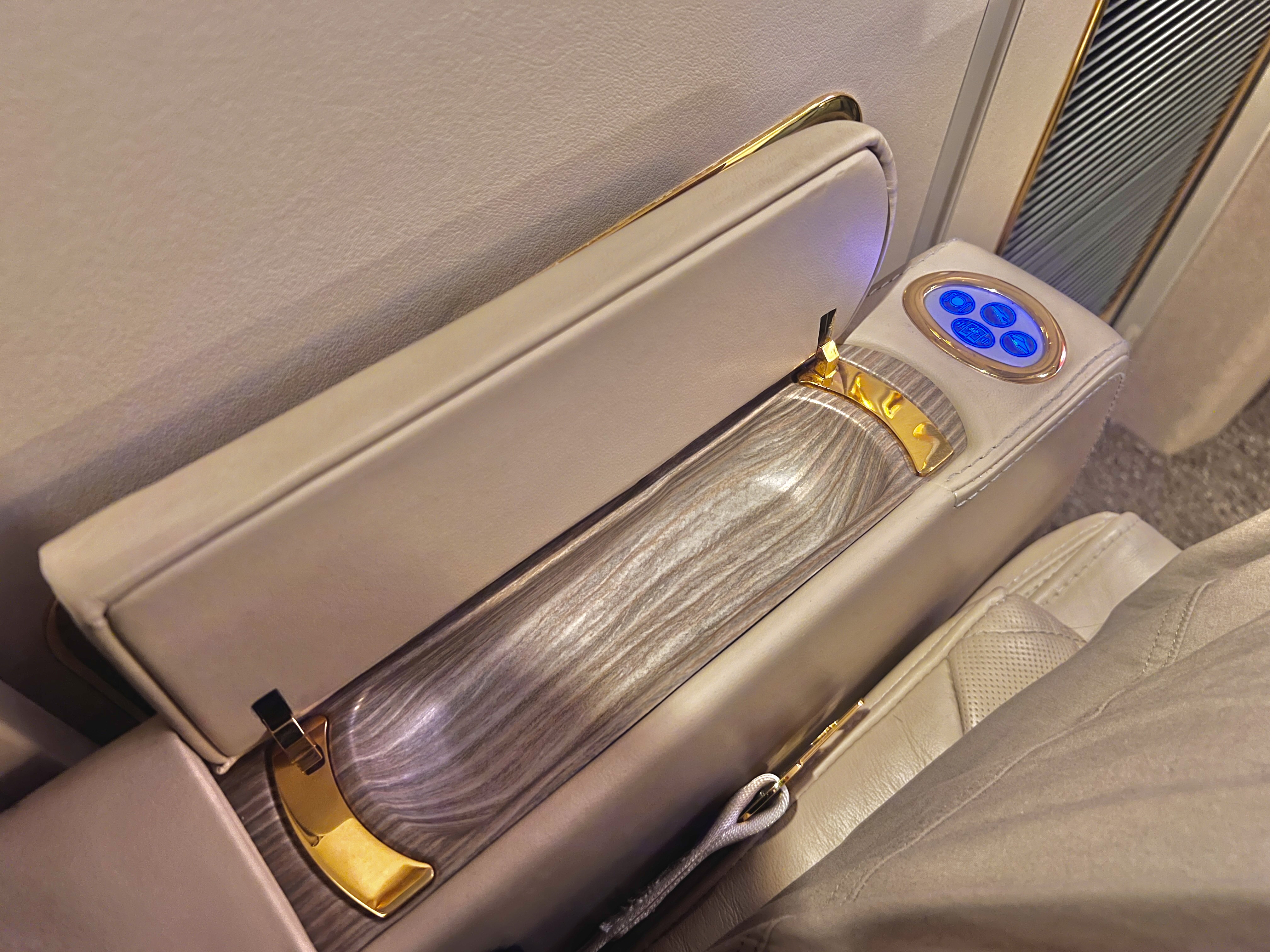 Emirates First A380 armrest storage Emirates First A380 armrest storage