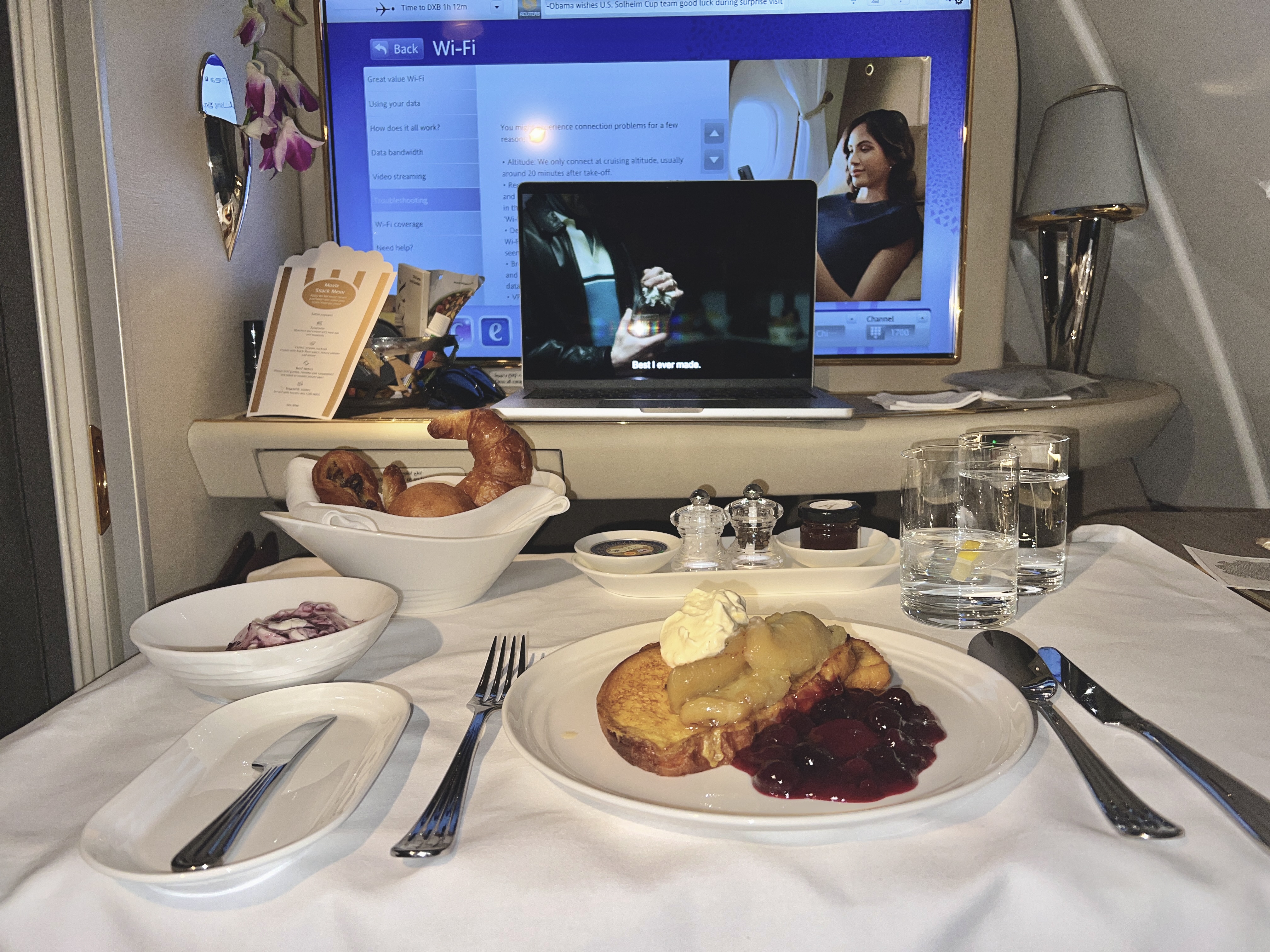 Emirates First A380 breakfast Emirates First A380 breakfast