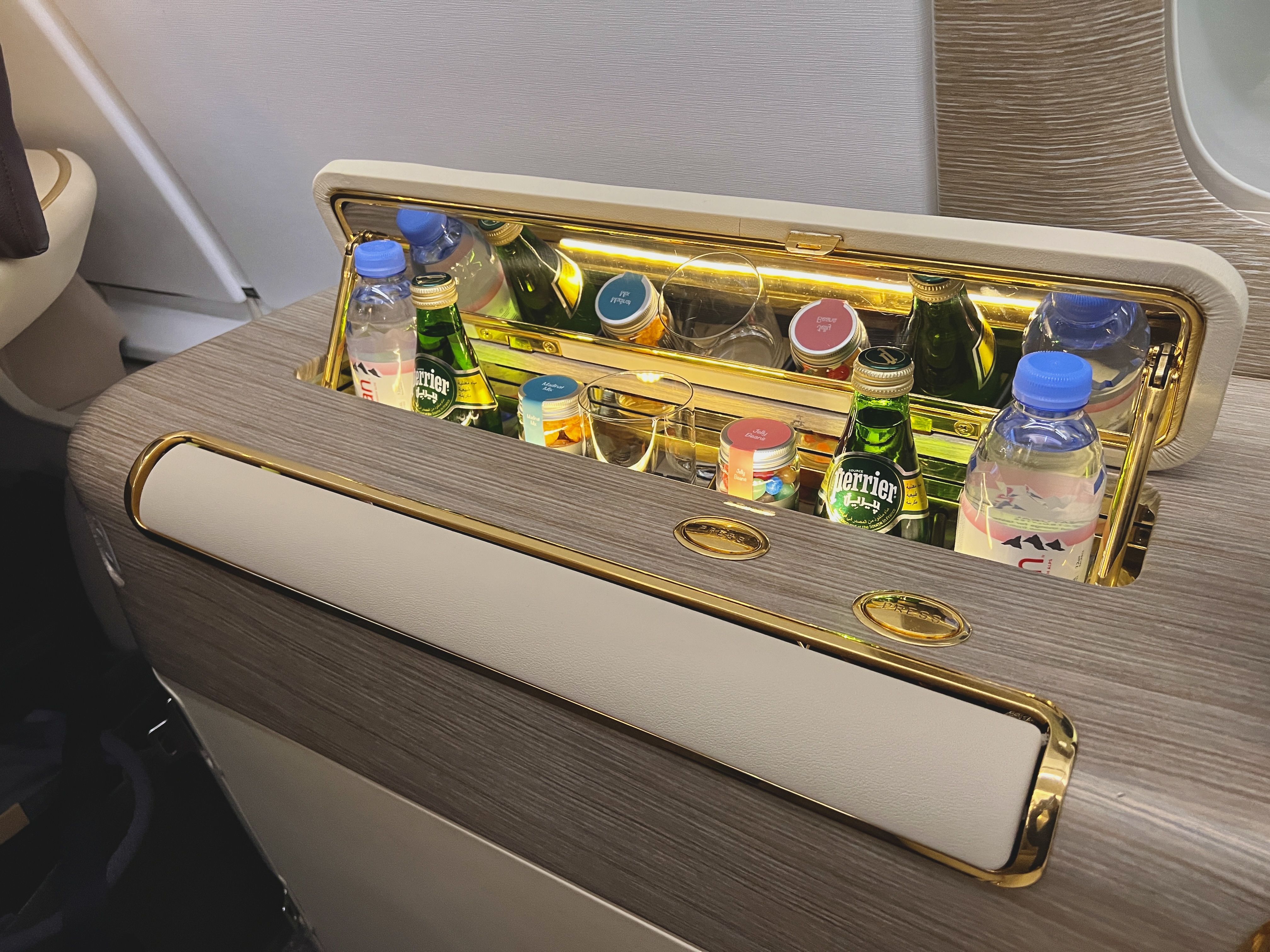 Emirates First A380 seat minibar Emirates First A380 seat minibar