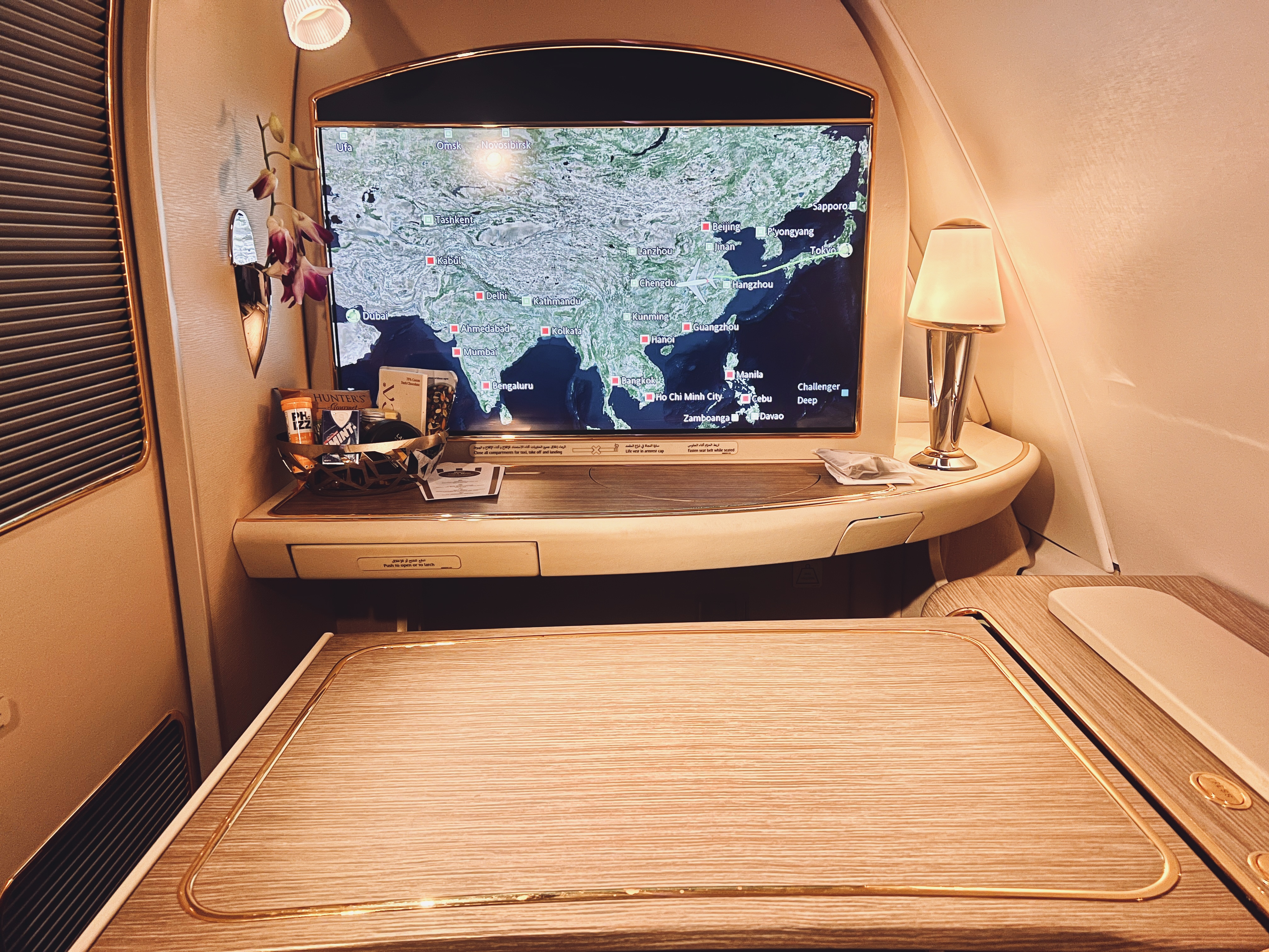 Emirates First A380 tray table Emirates First A380 tray table opened