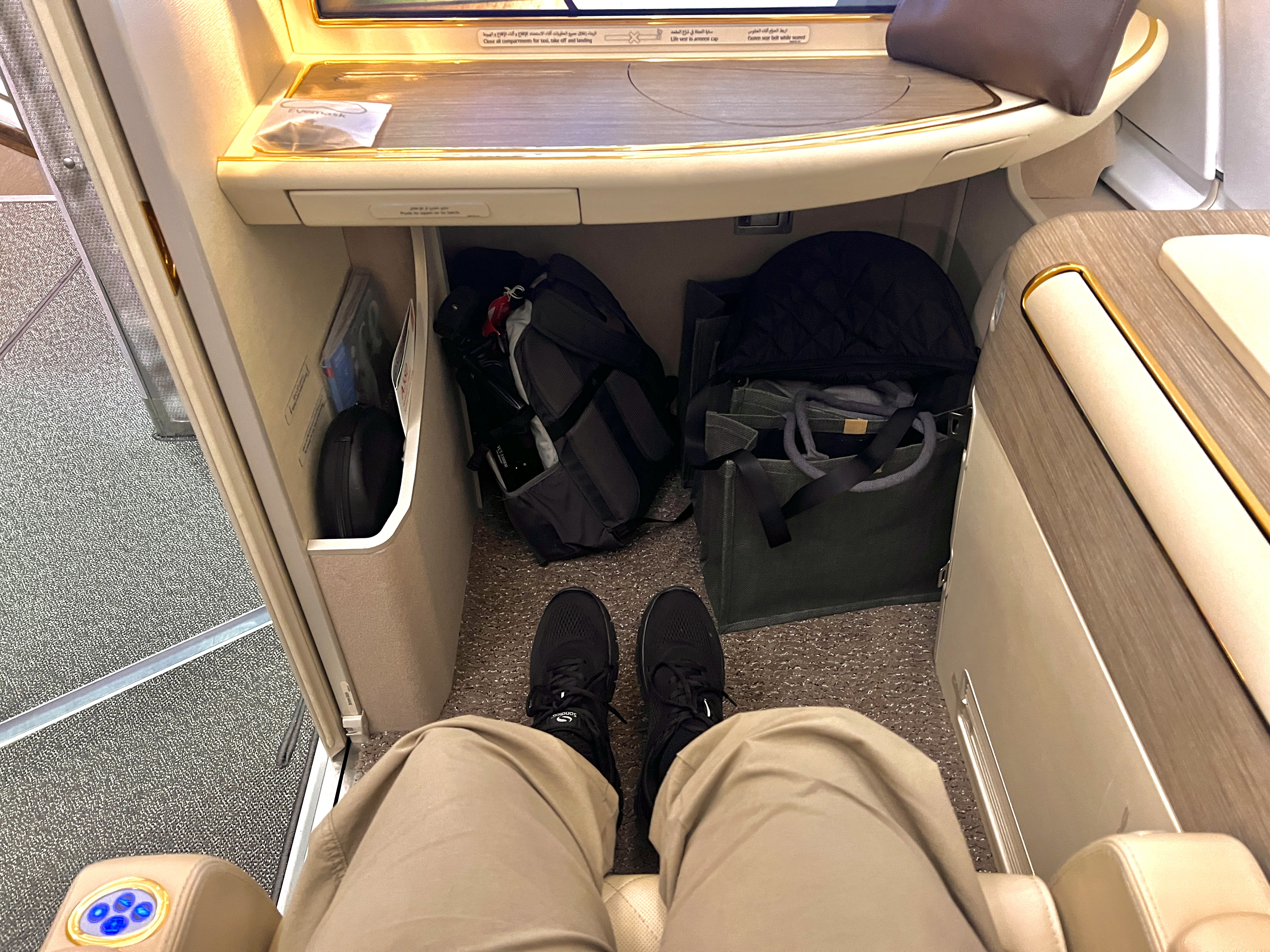 Emirates First A380 under seat storage Emirates First A380 under seat storage