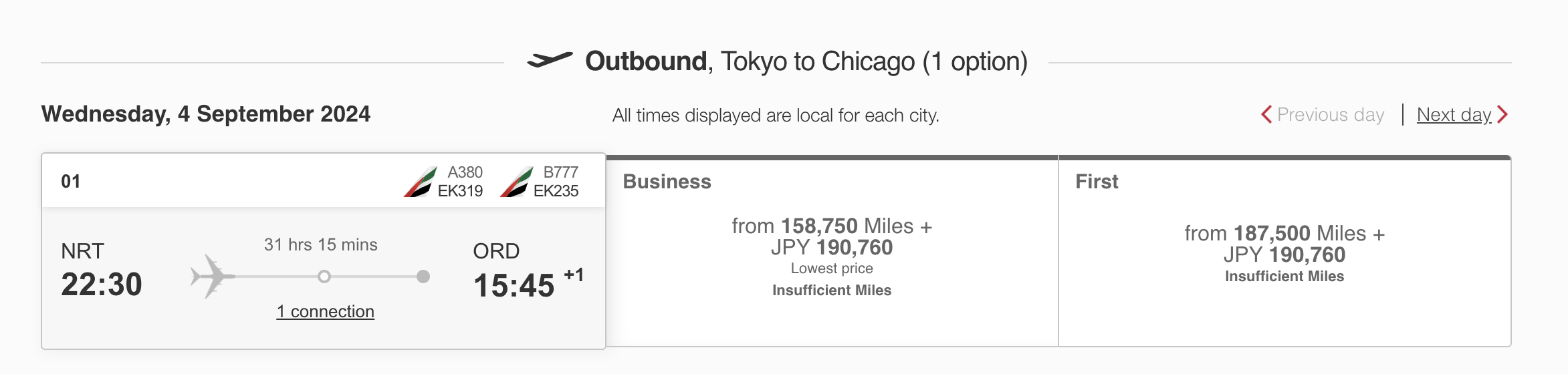 Emirates J vs F cost NRT DXB ORD Emirates J vs F cost NRT DXB ORD