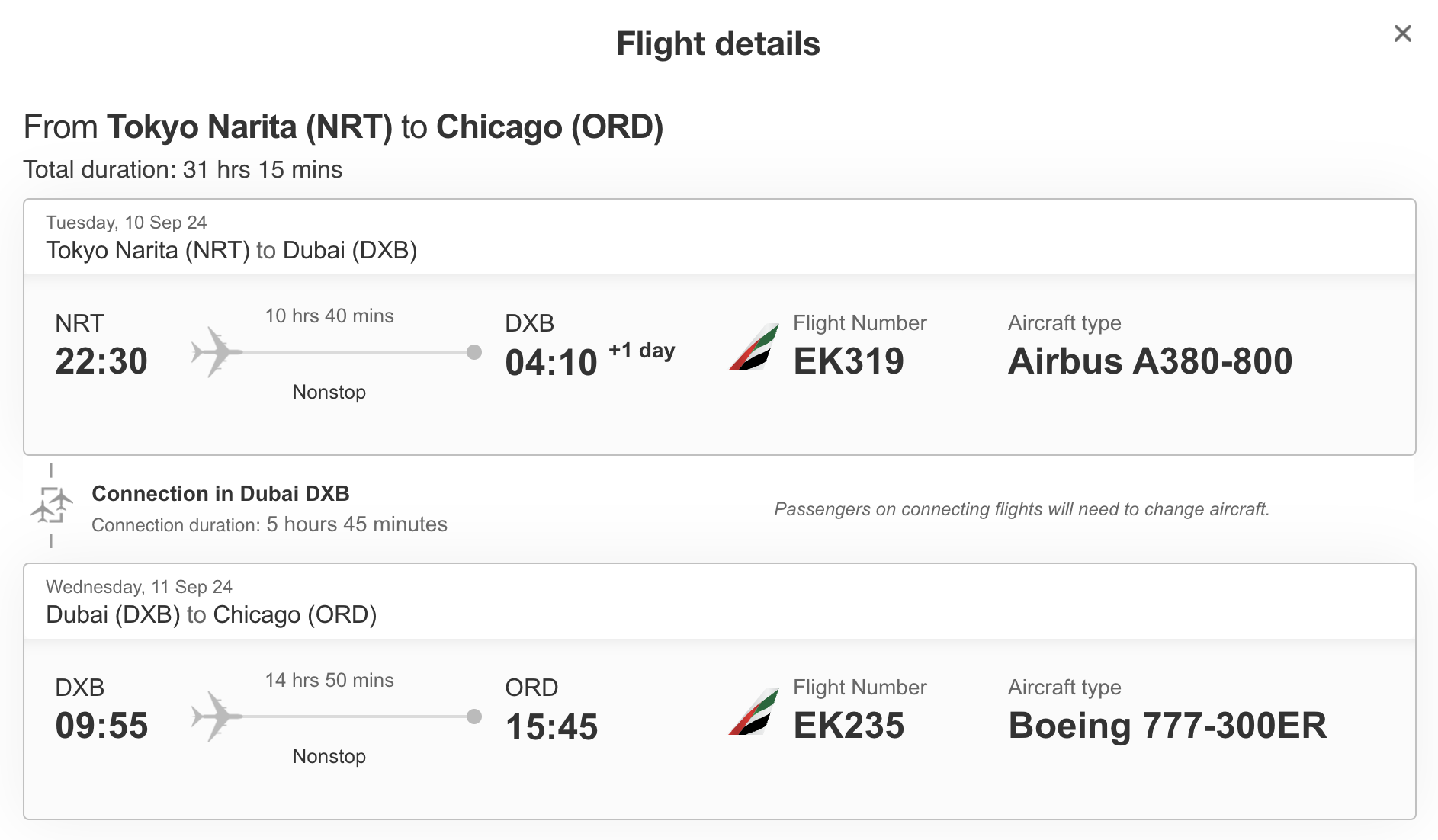 Emirates itinerary NRT DXB ORD FIRST Emirates itinerary NRT DXB ORD FIRST