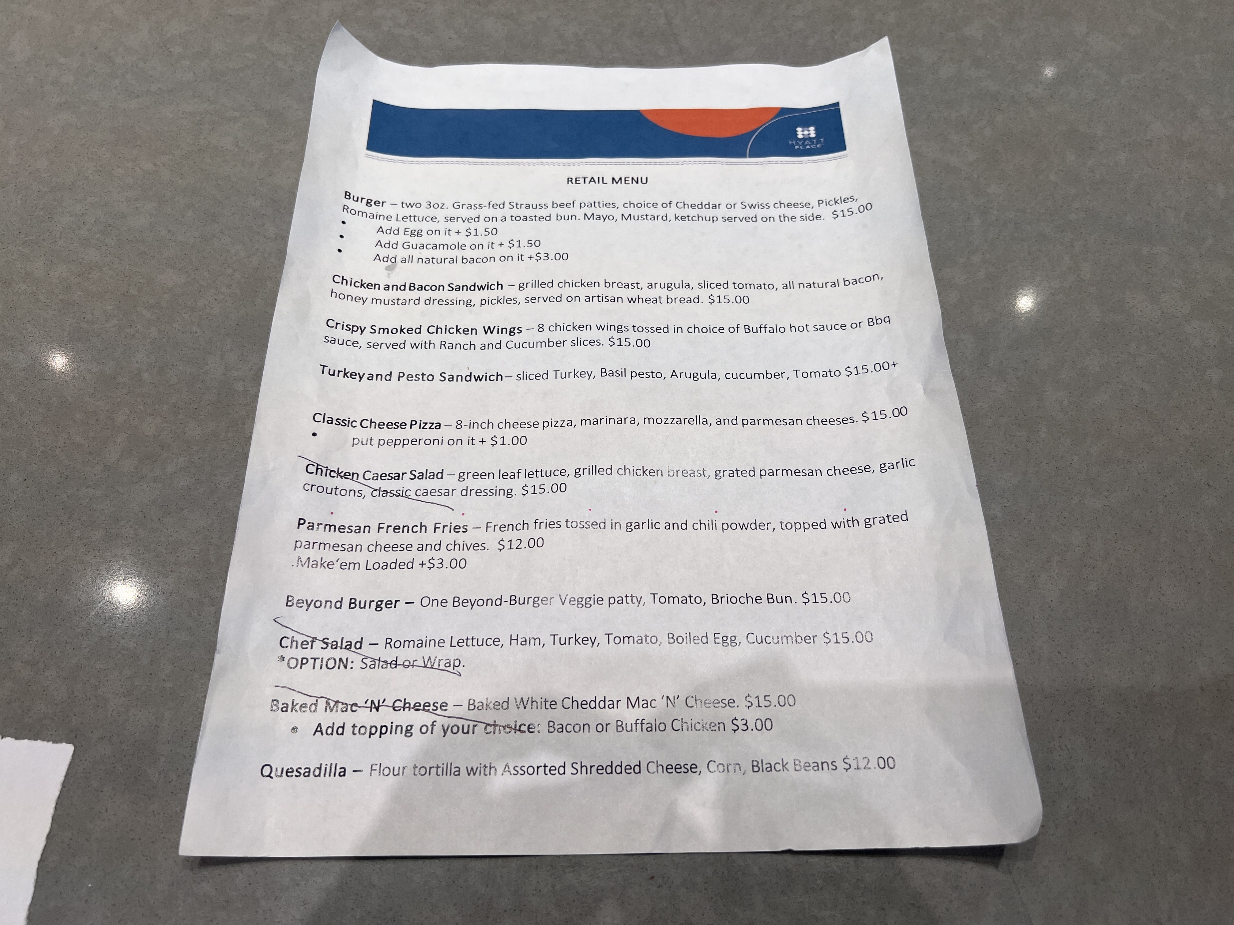 Hyatt Place Orlando Airport Placery menu