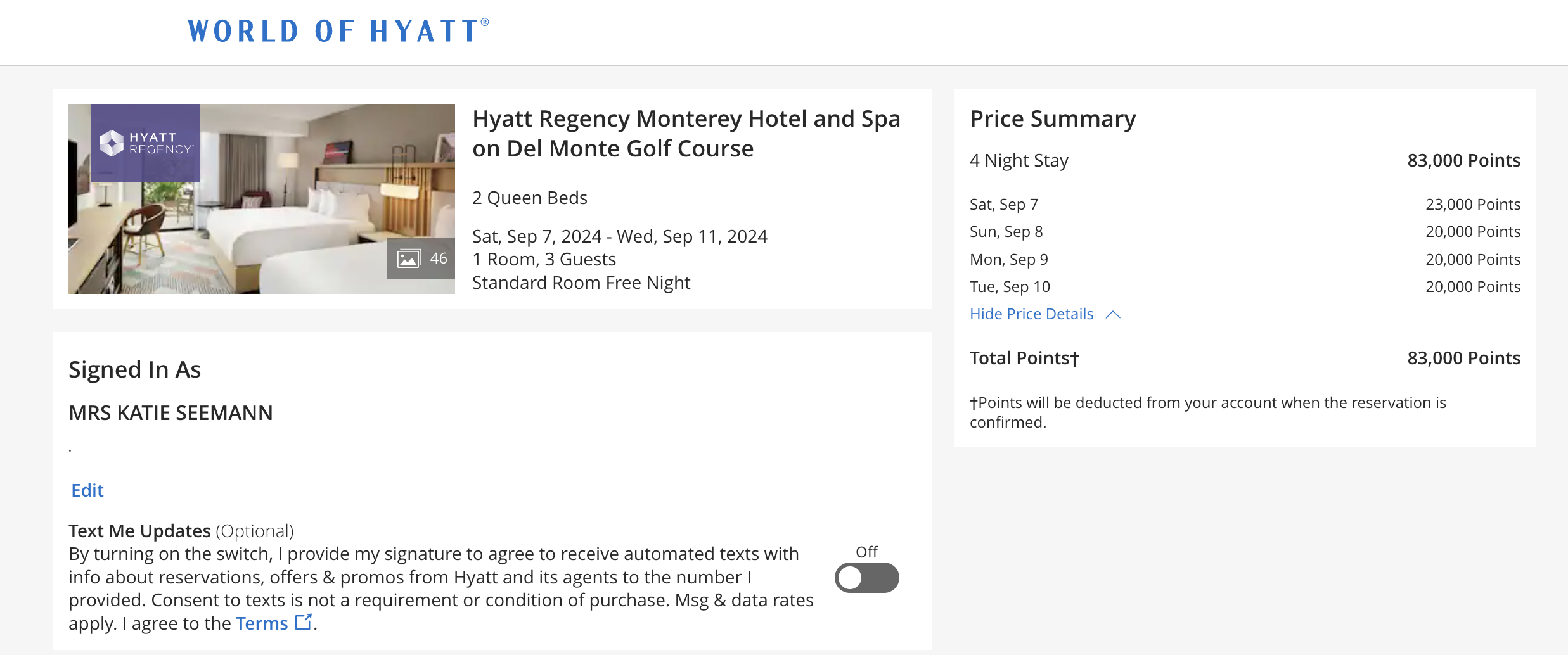 Hyatt Regency Monterey Cost in points