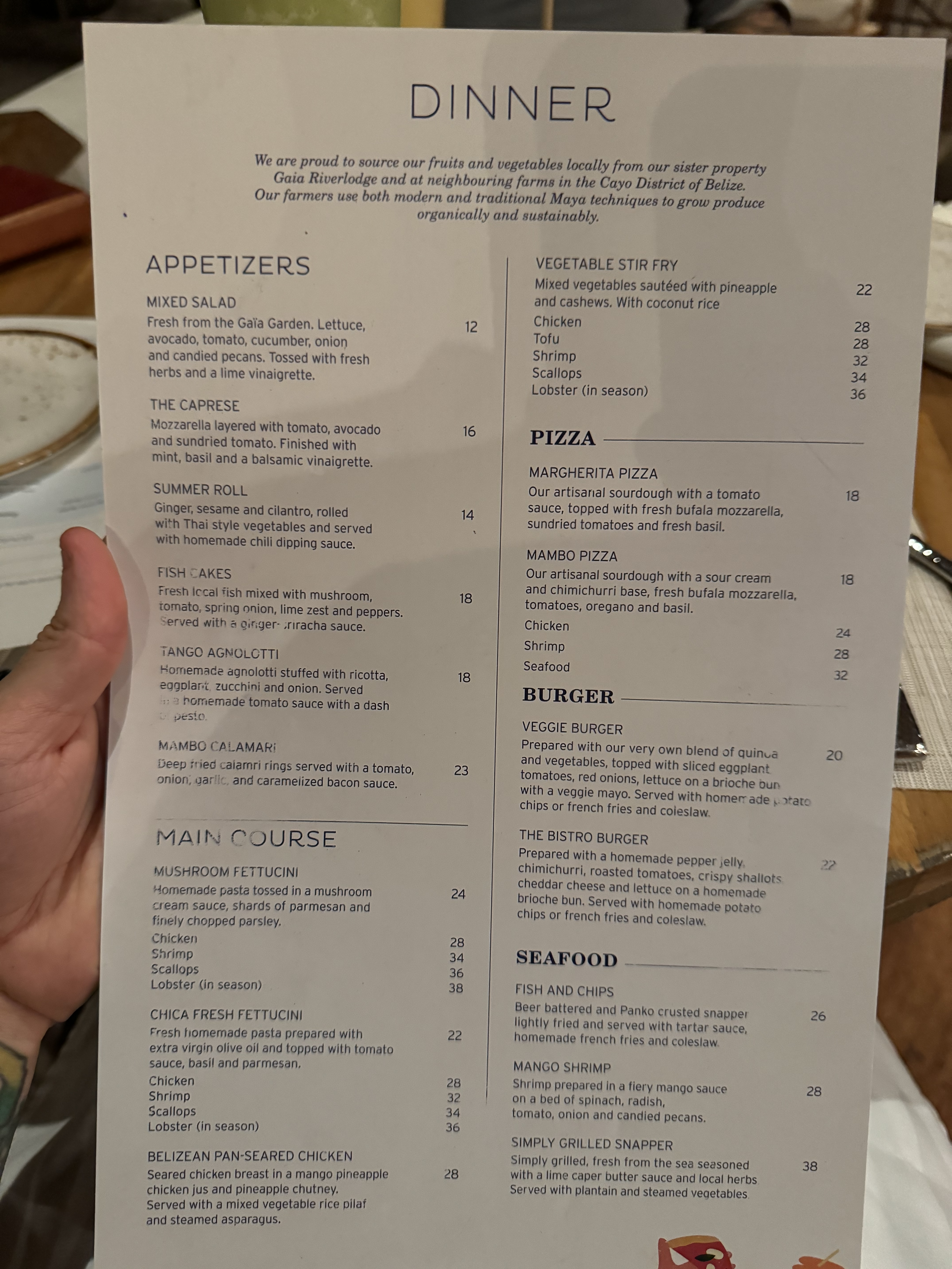 Matachica Resort Belize Mr Mrs Smith restaurant dinner menu Matachica Resort Belize Mr Mrs Smith restaurant dinner menu
