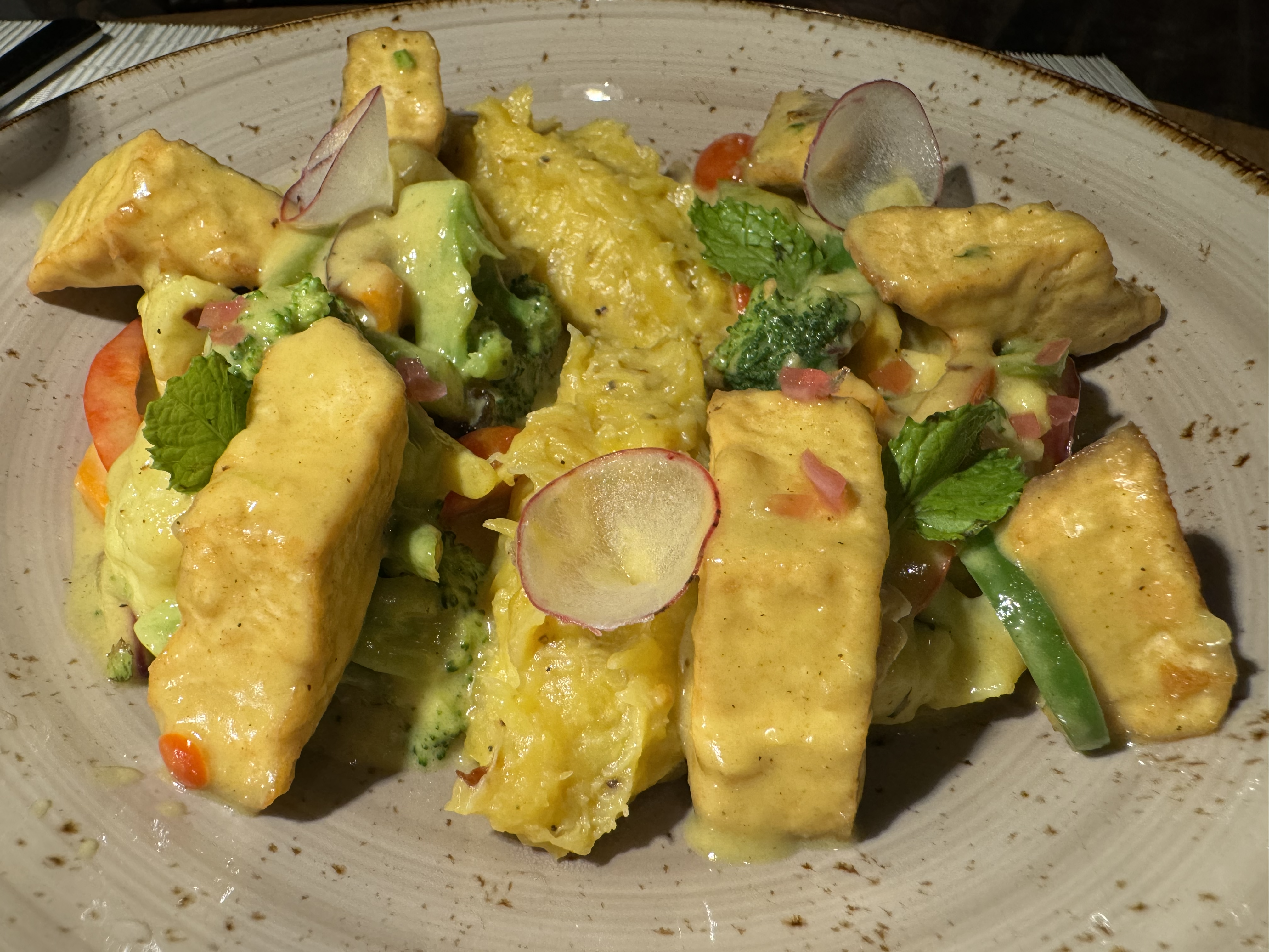 Matachica Resort Belize Mr Mrs Smith restaurant veg curry mashed plantains Matachica Resort Belize Mr Mrs Smith restaurant veg curry mashed plantains