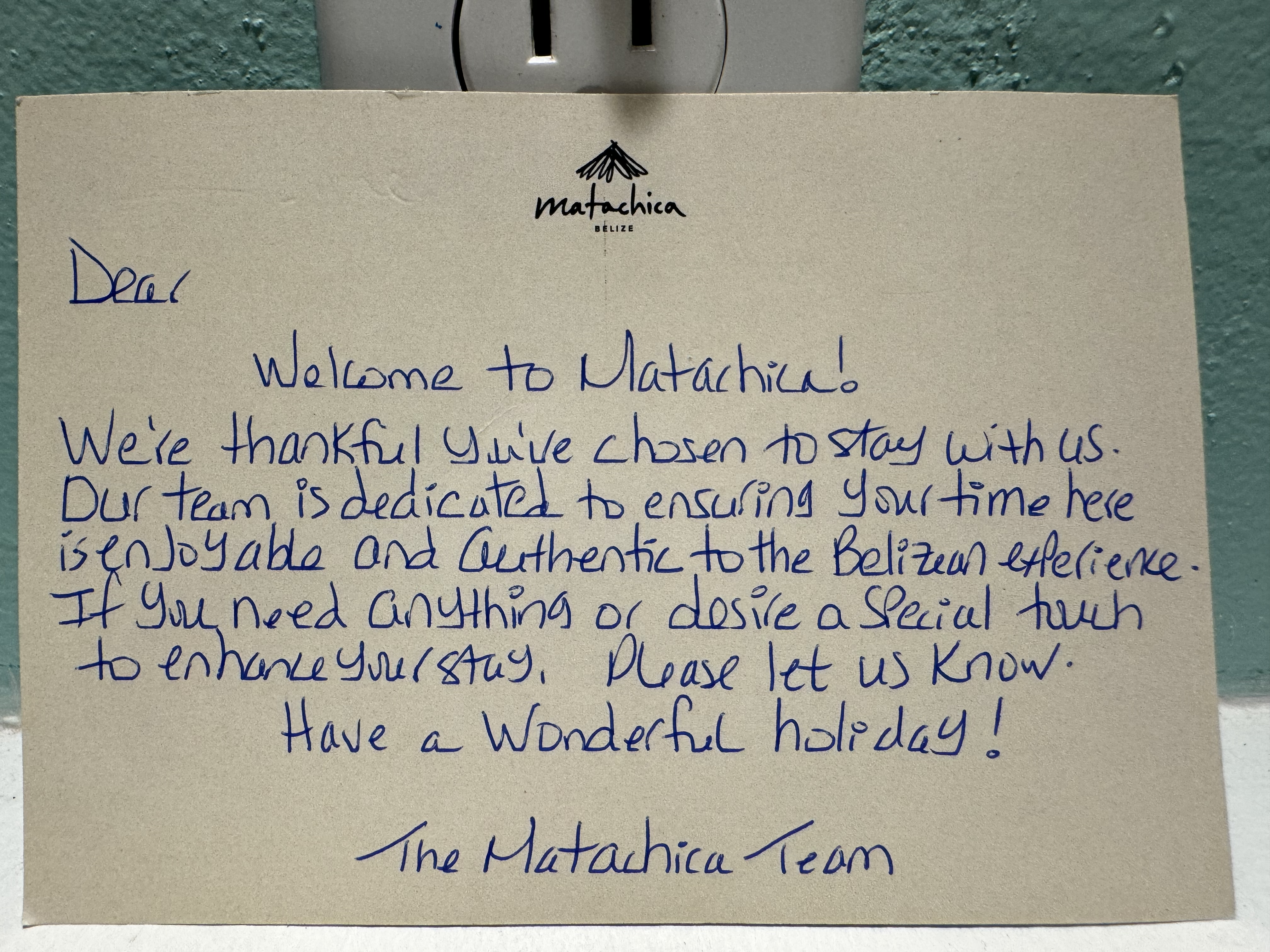 Matachica Resort Belize Mr Mrs Smith welcome note Matachica Resort Belize Mr Mrs Smith welcome note