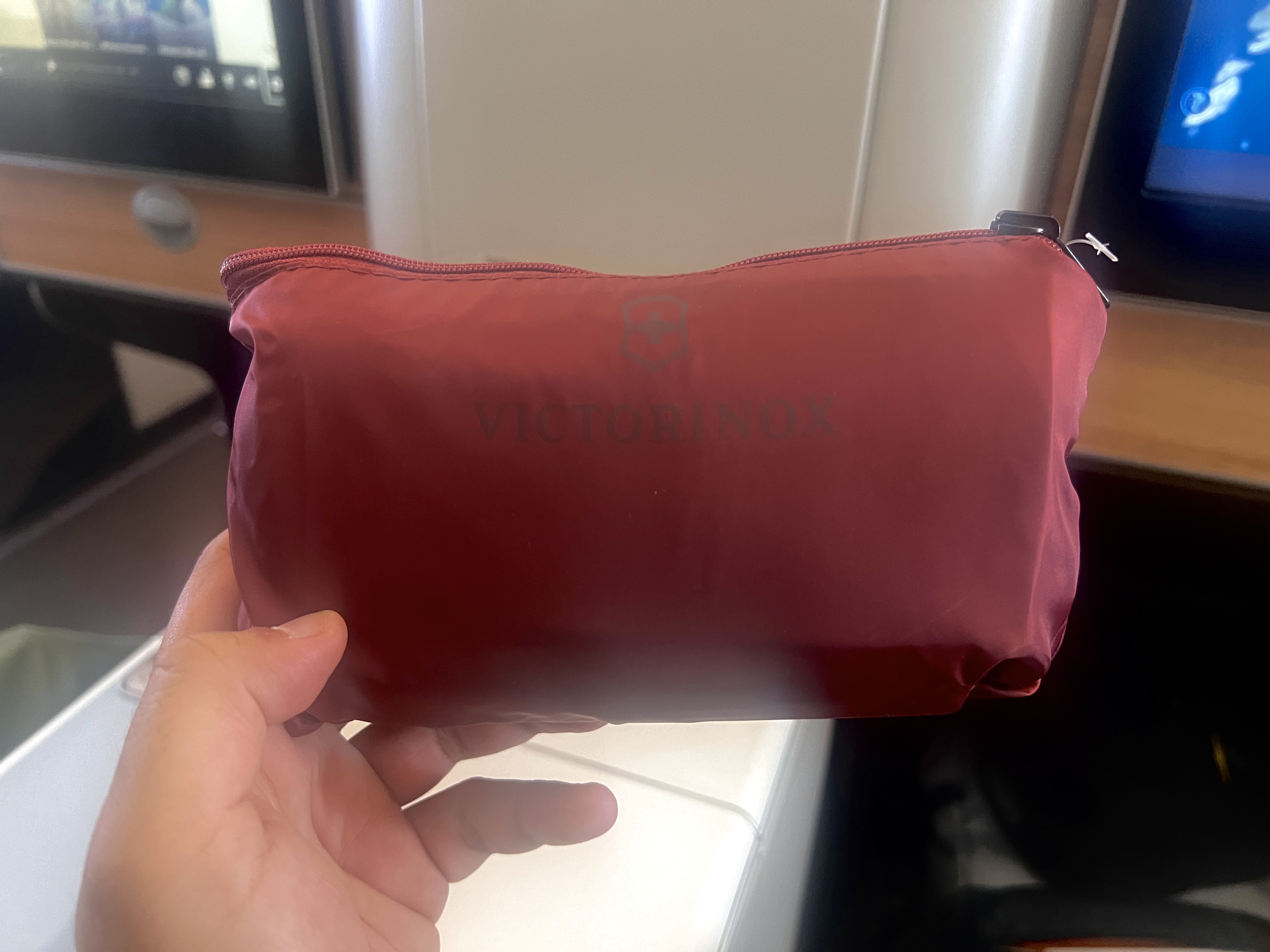 Swiss 777 business class amenity kit outside Swiss 777 business class amenity kit outside
