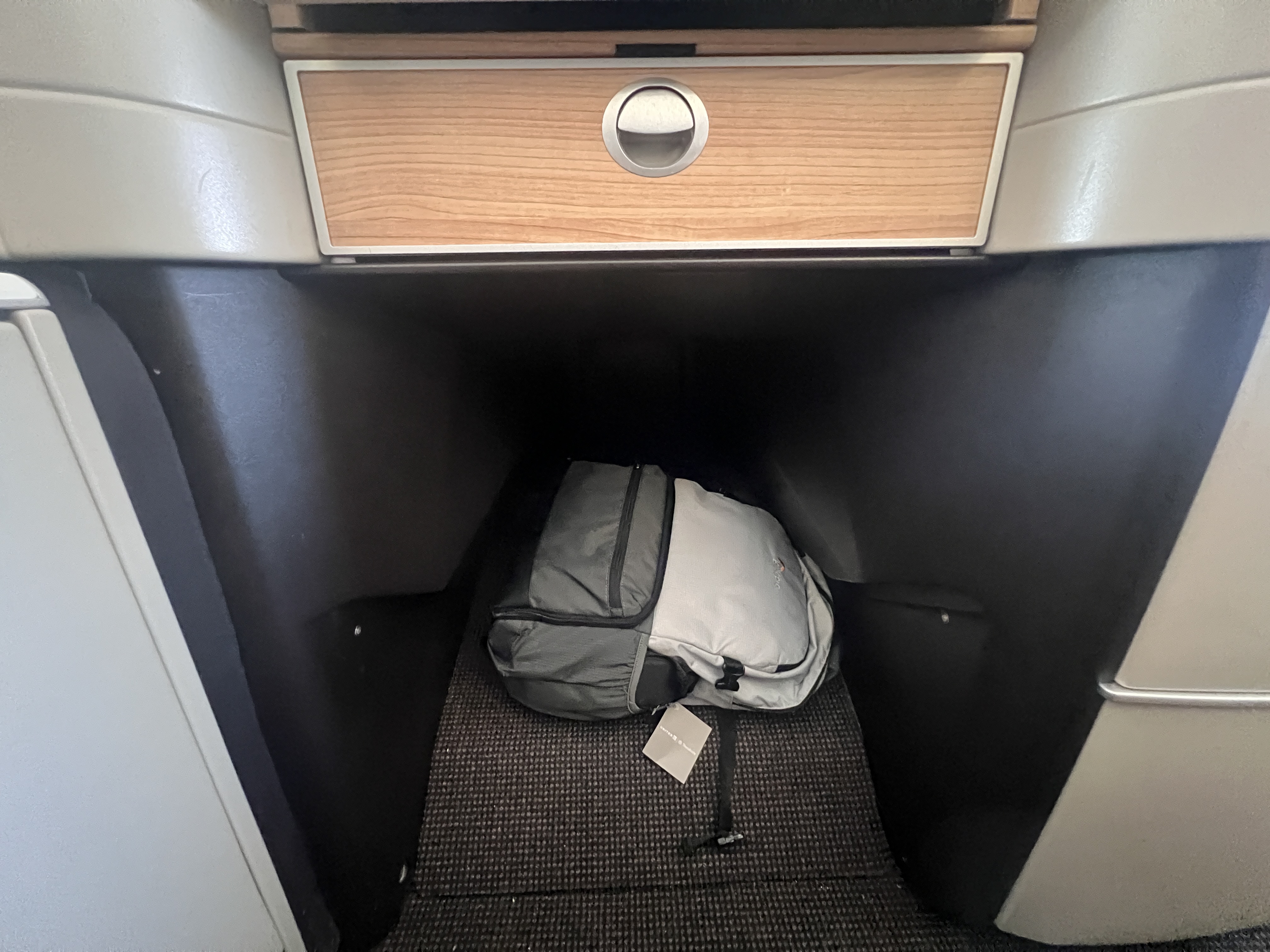 Swiss 777 business class footwell and storage Swiss 777 business class footwell and storage