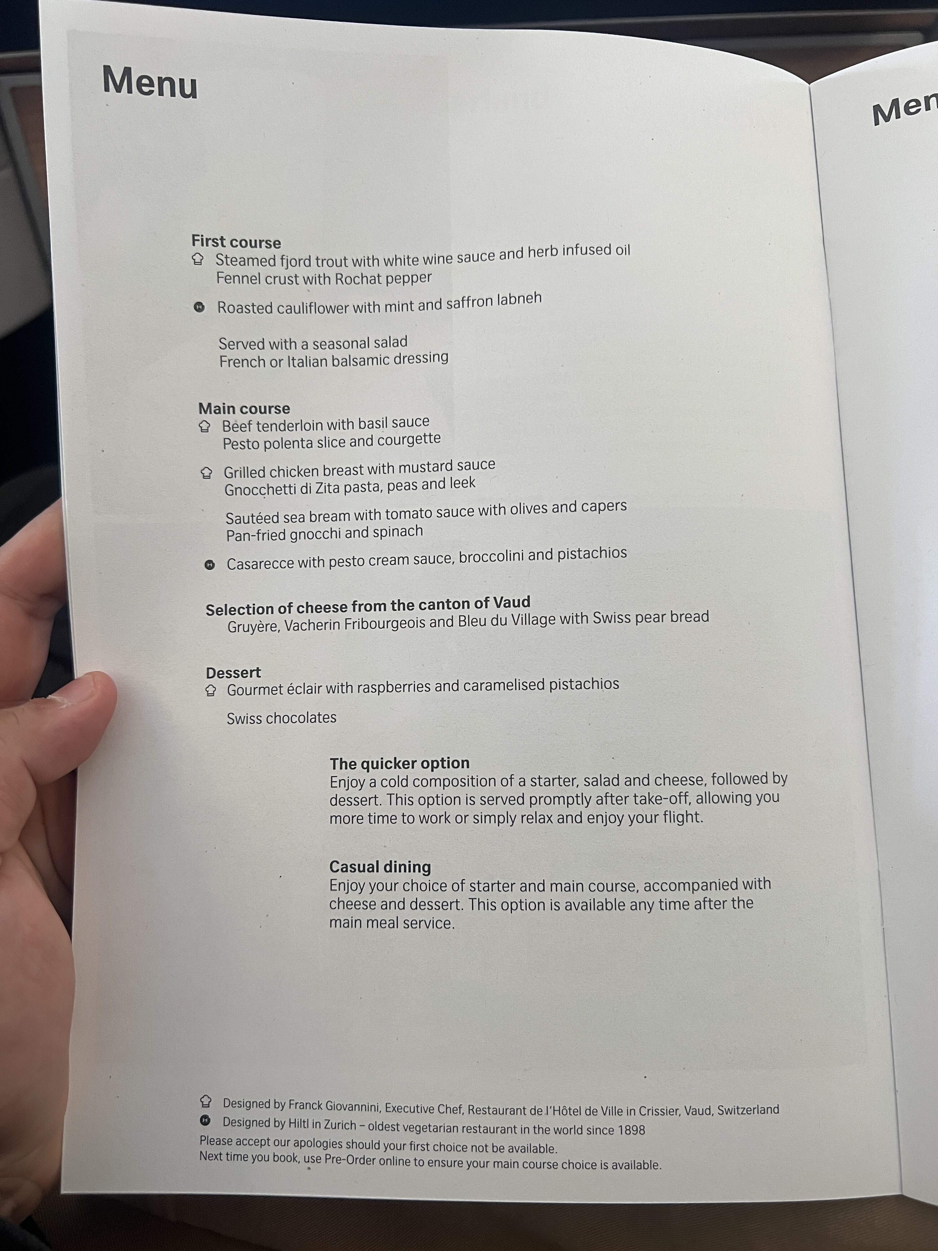 Swiss 777 business class menu Swiss 777 business class menu