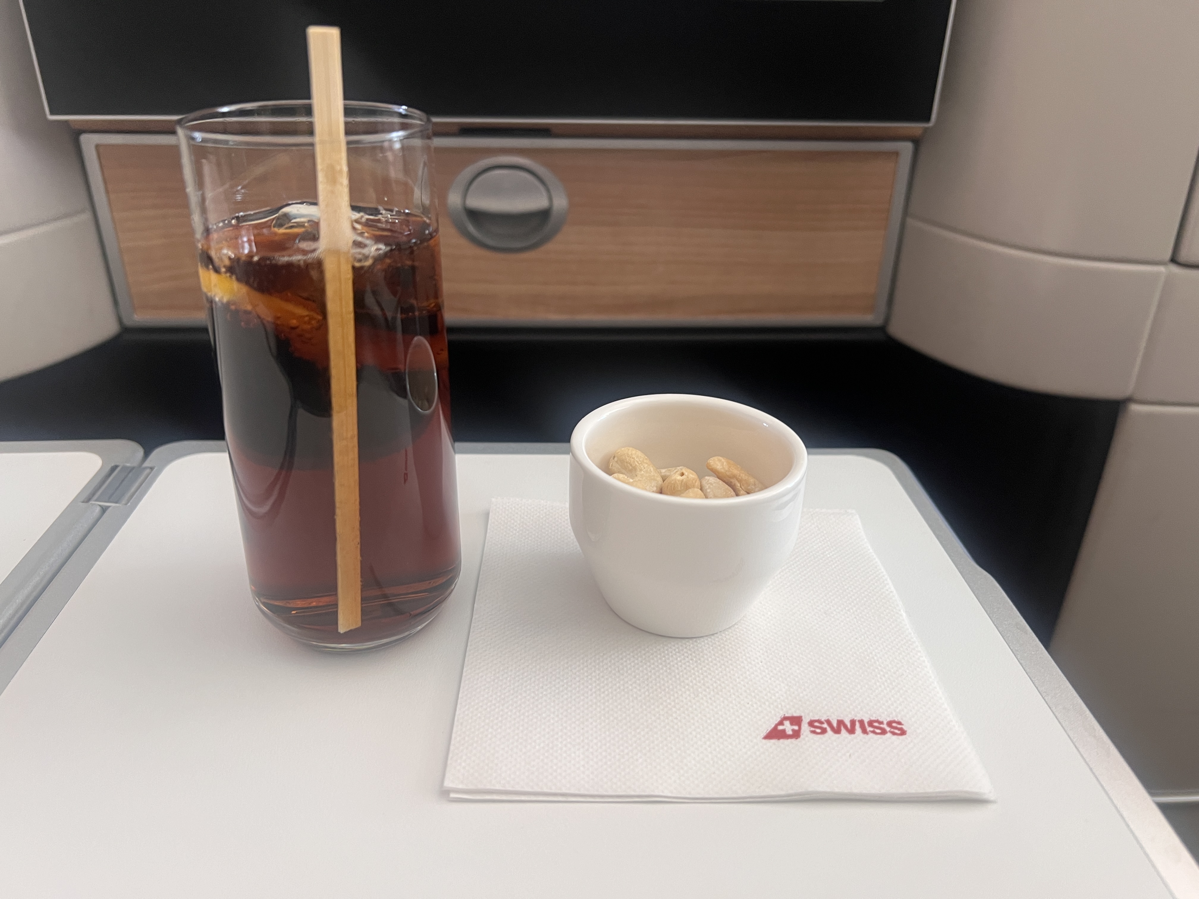 Swiss 777 business class welcome snacks and drinks Swiss 777 business class welcome snacks and drinks